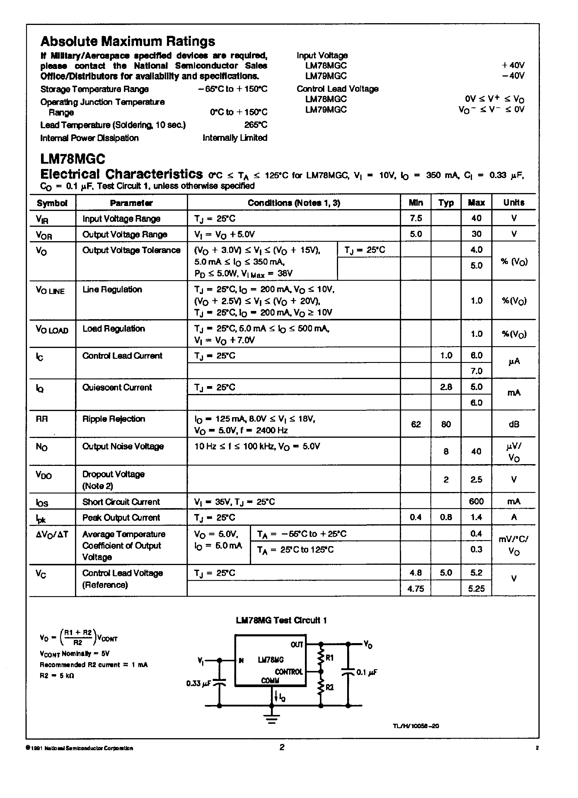 Datasheet LM79MG - 4 Treminal Adjustable Voltage Regulators page 2