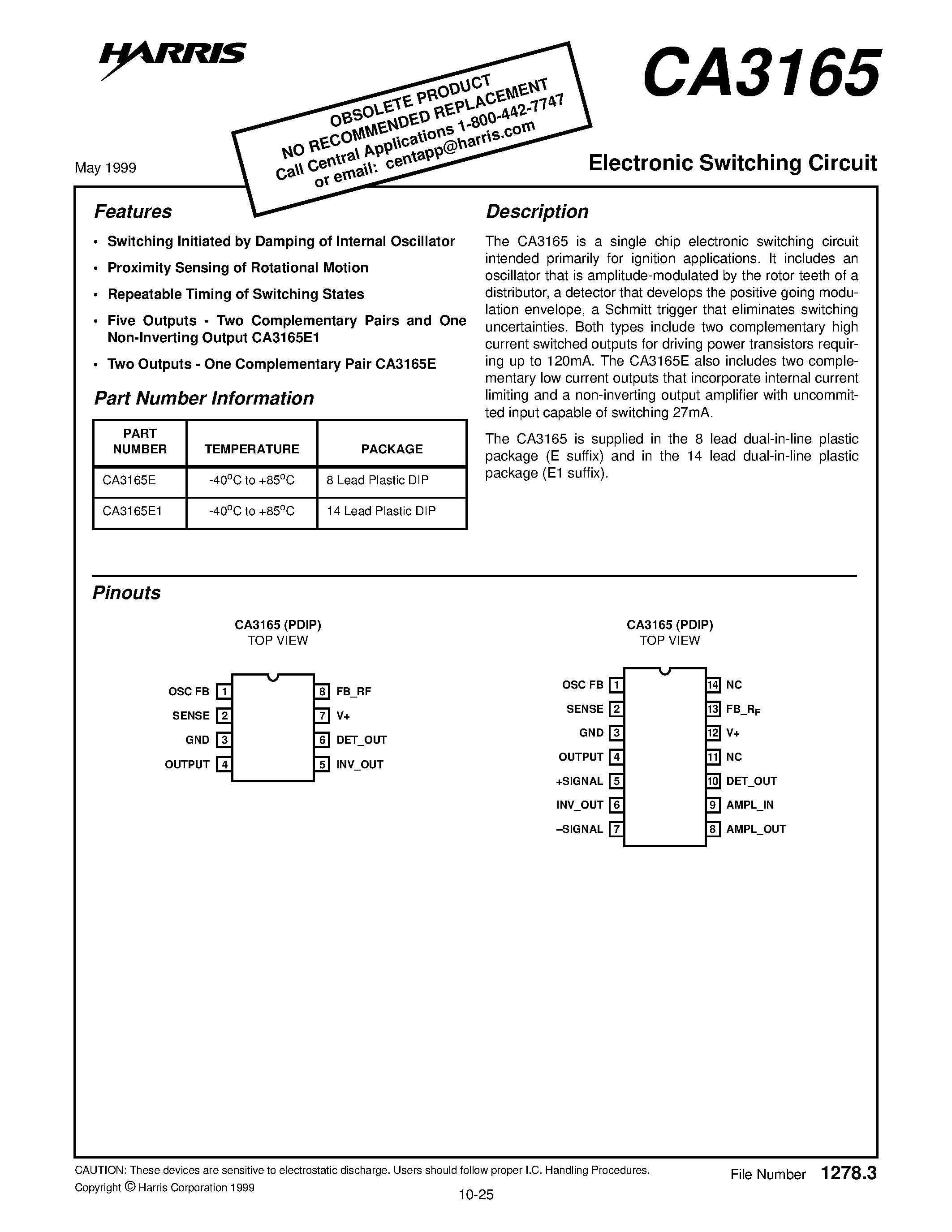 Даташит CA3165 - Electronic Switching Circuit страница 1