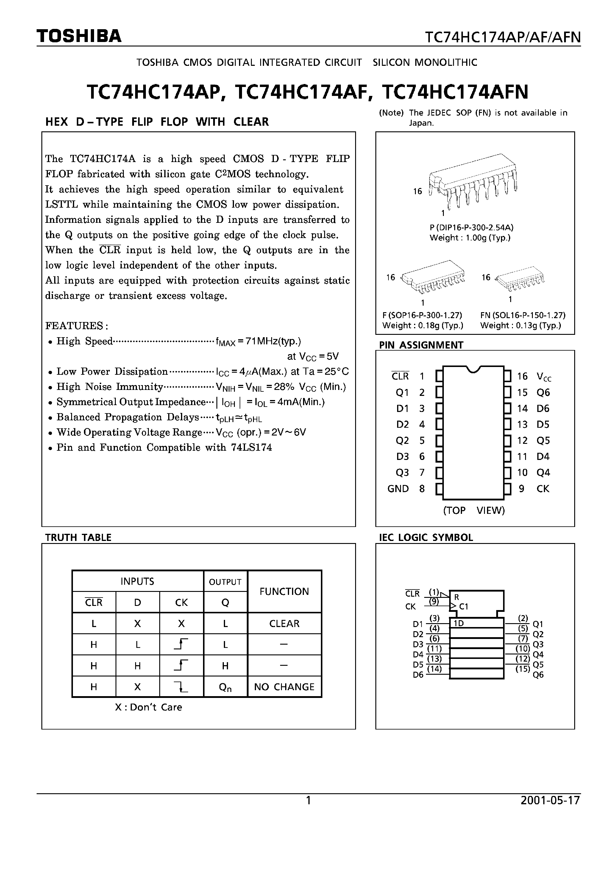 Даташит TC74HC174 - HEX D TYPE FLIP FLOP WITH CLEAR страница 1