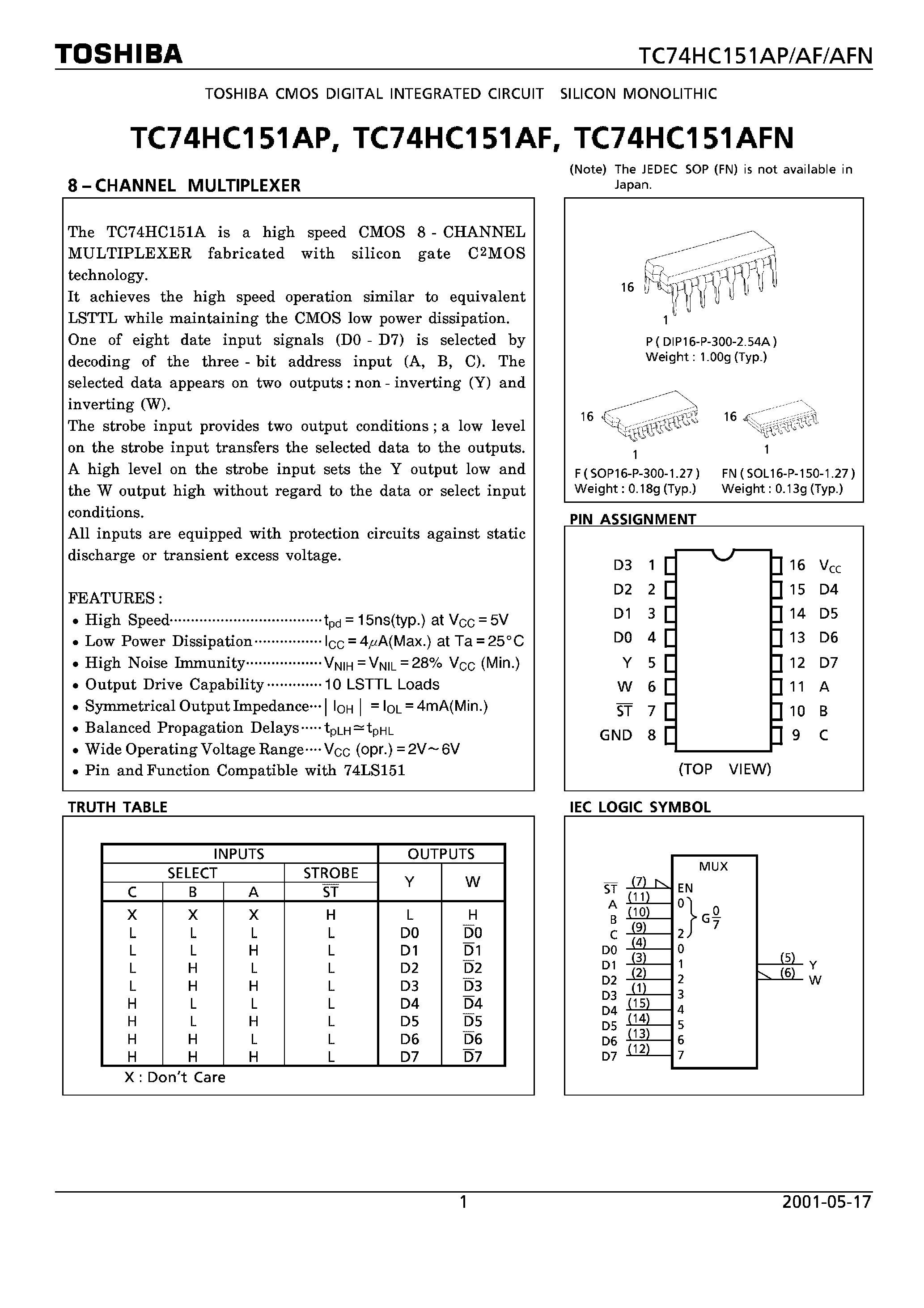 Даташит TC74HC151 - 8 - CHANNEL MULTIPLEXER страница 1