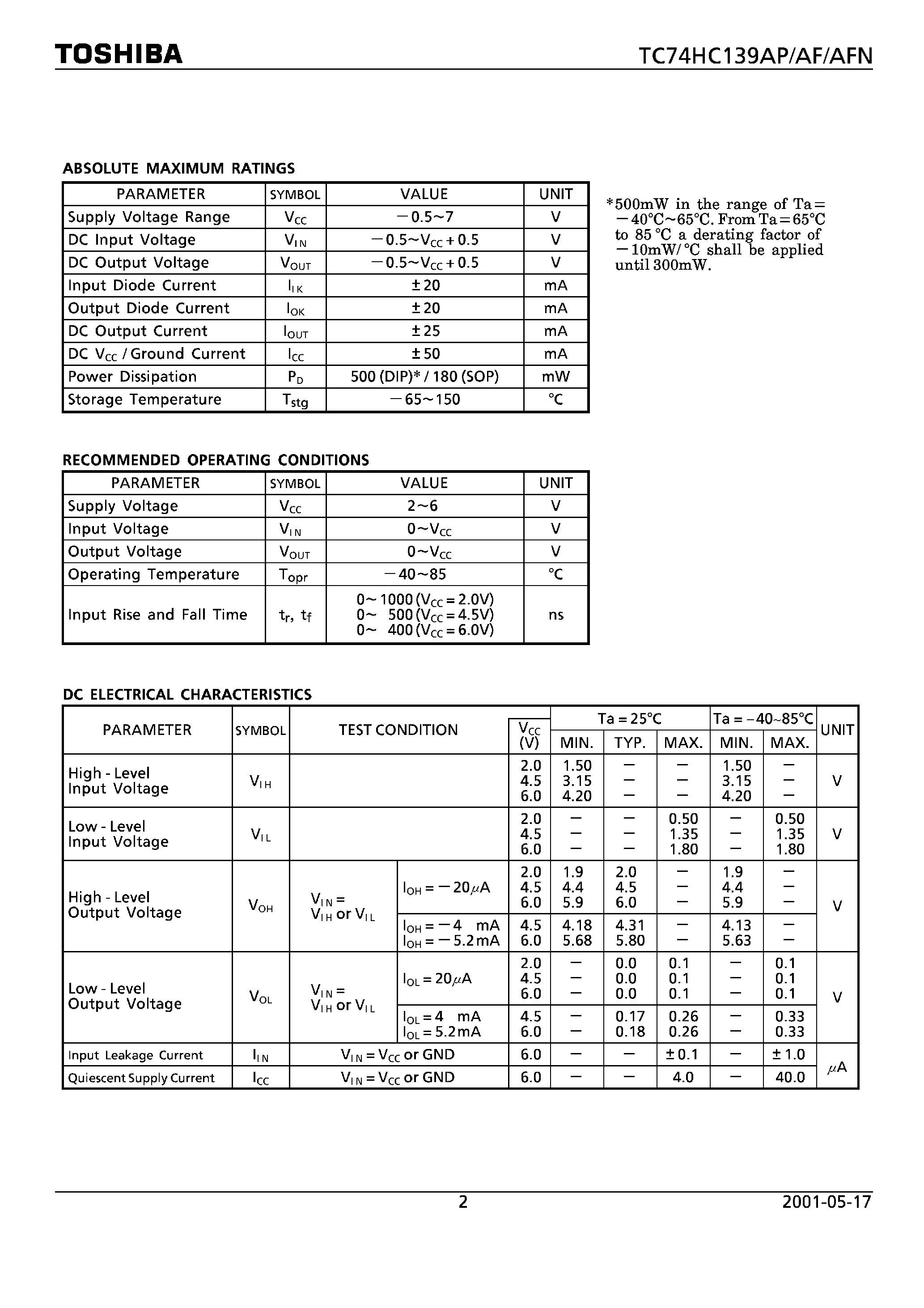 Datasheet TC74HC139 - DUAL 2 TO 4 LINE DECODER page 2