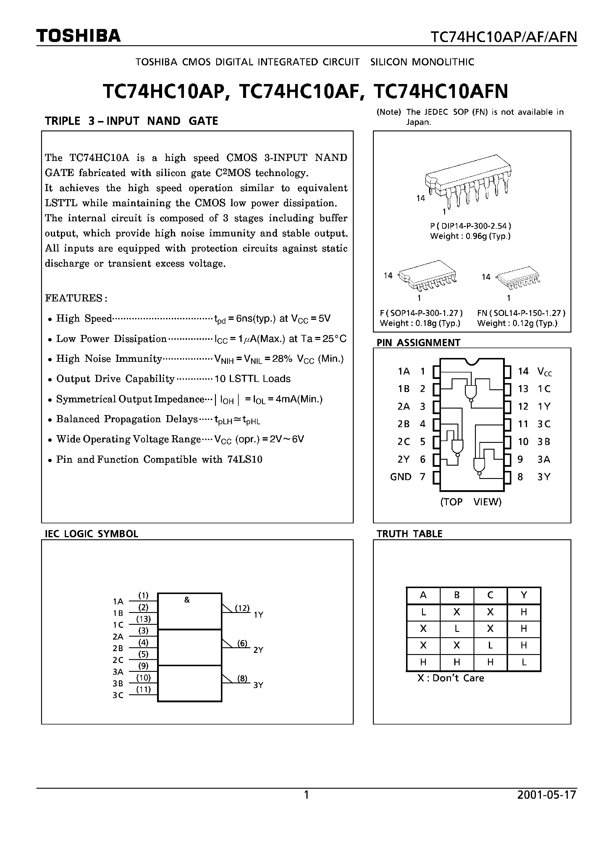 Datasheet TC74HC10 - TRIPLE 3-INPUT NAND GATE page 1