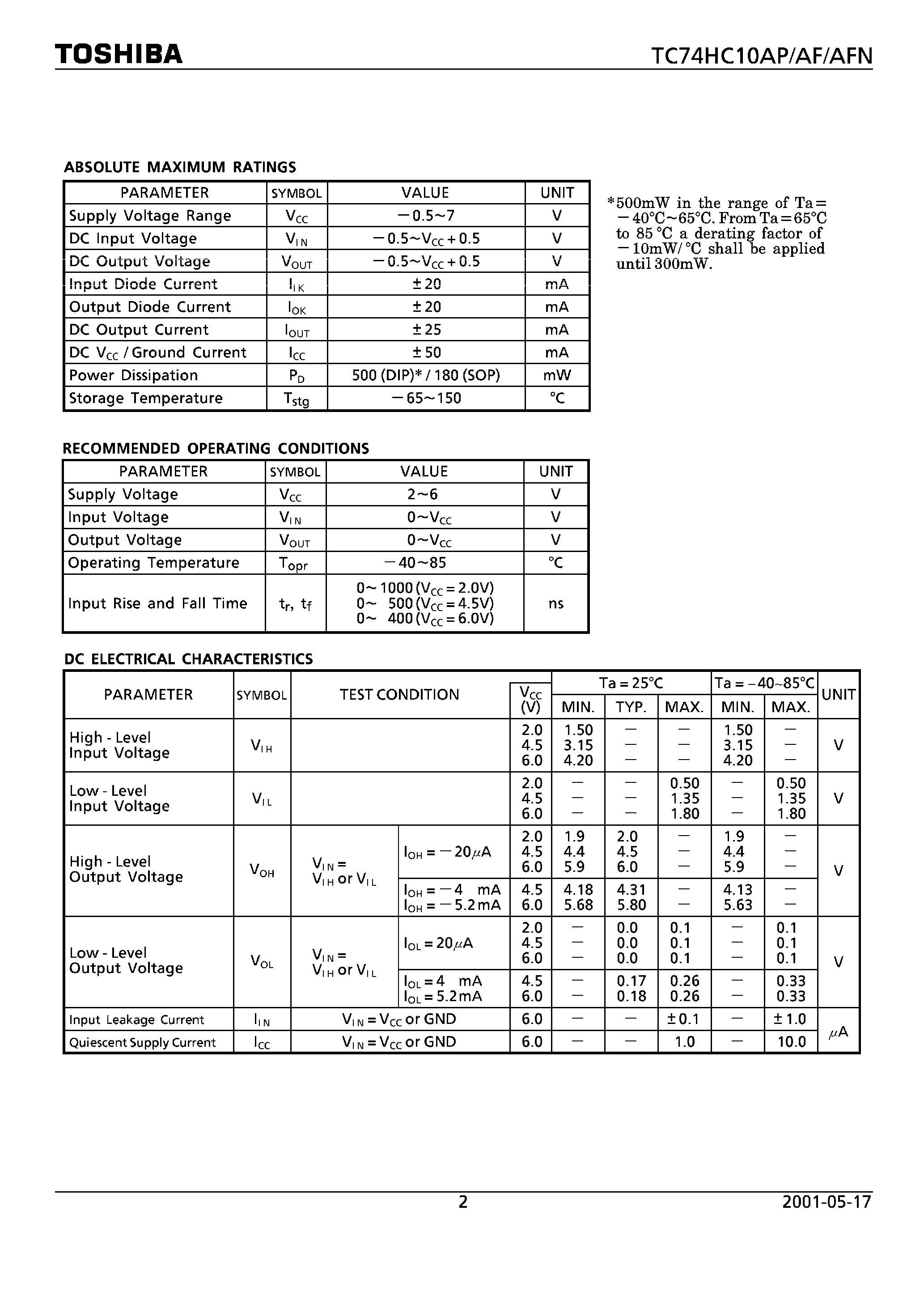 Datasheet TC74HC10 - TRIPLE 3-INPUT NAND GATE page 2