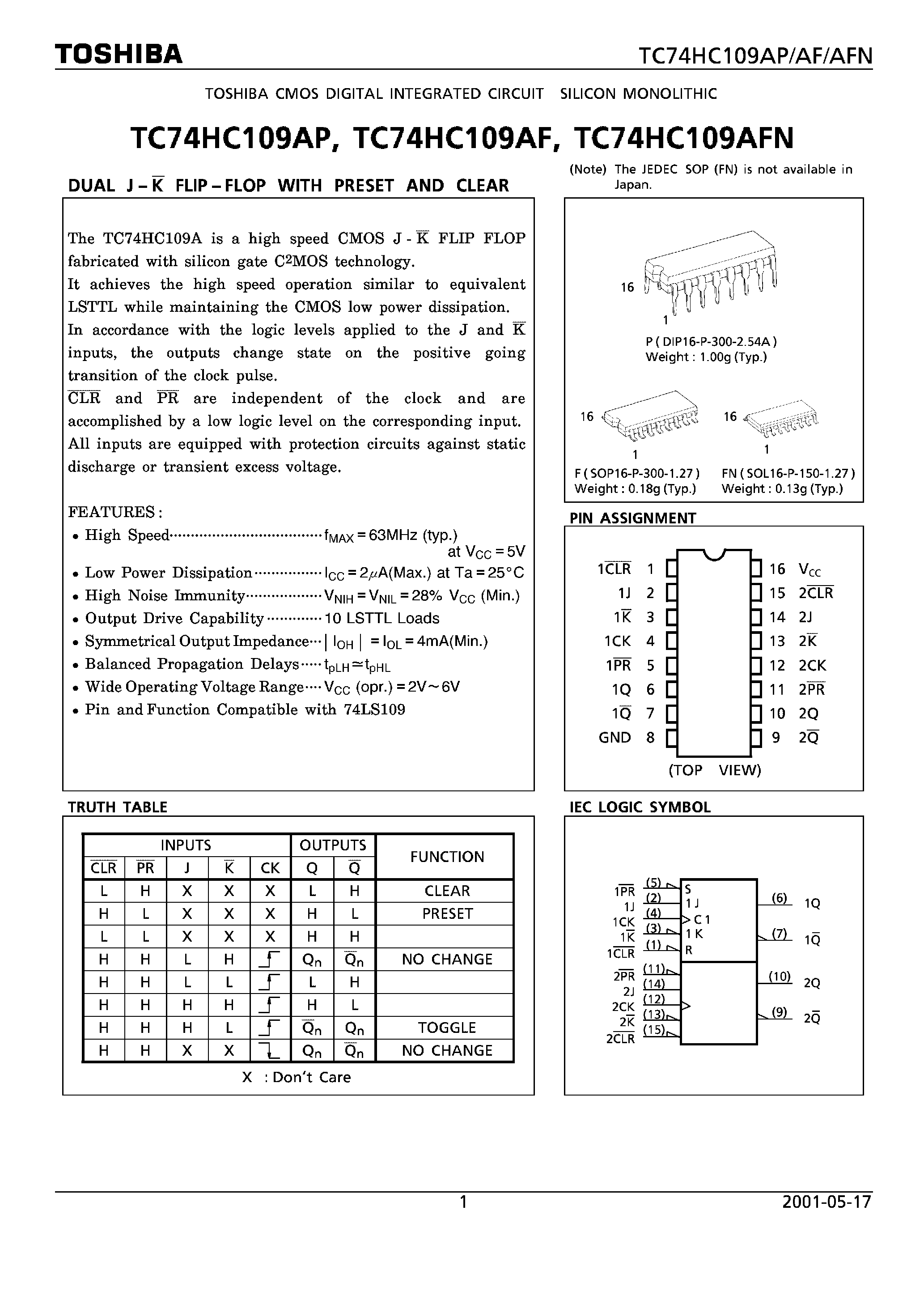Datasheet TC74HC109 - DUAL J-K FLIP FLOP WITH PRESET AND CLEAR page 1