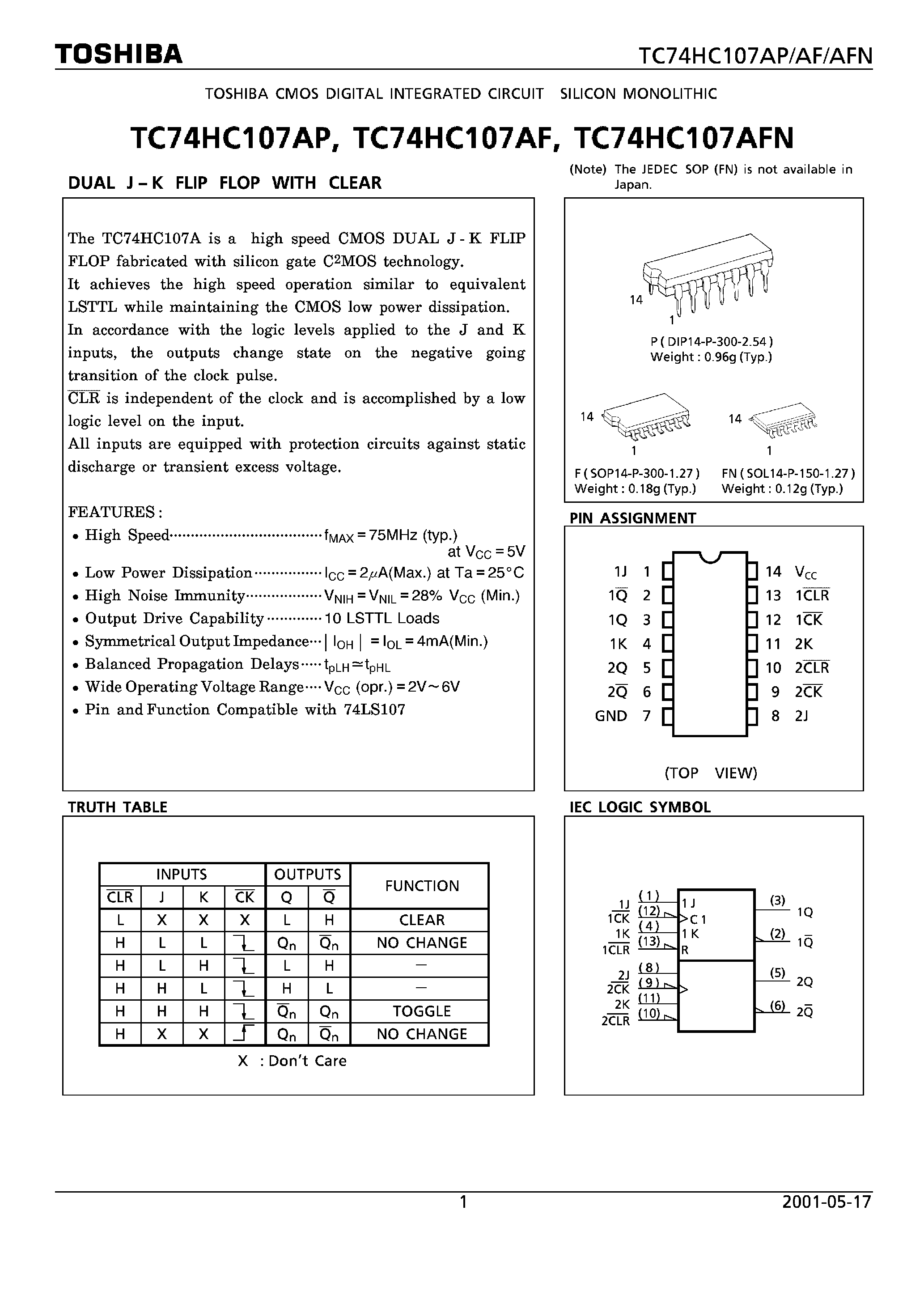 Datasheet TC74HC107 - DUAL J-K FLIP FLOP WITH PRESET AND CLEAR page 1