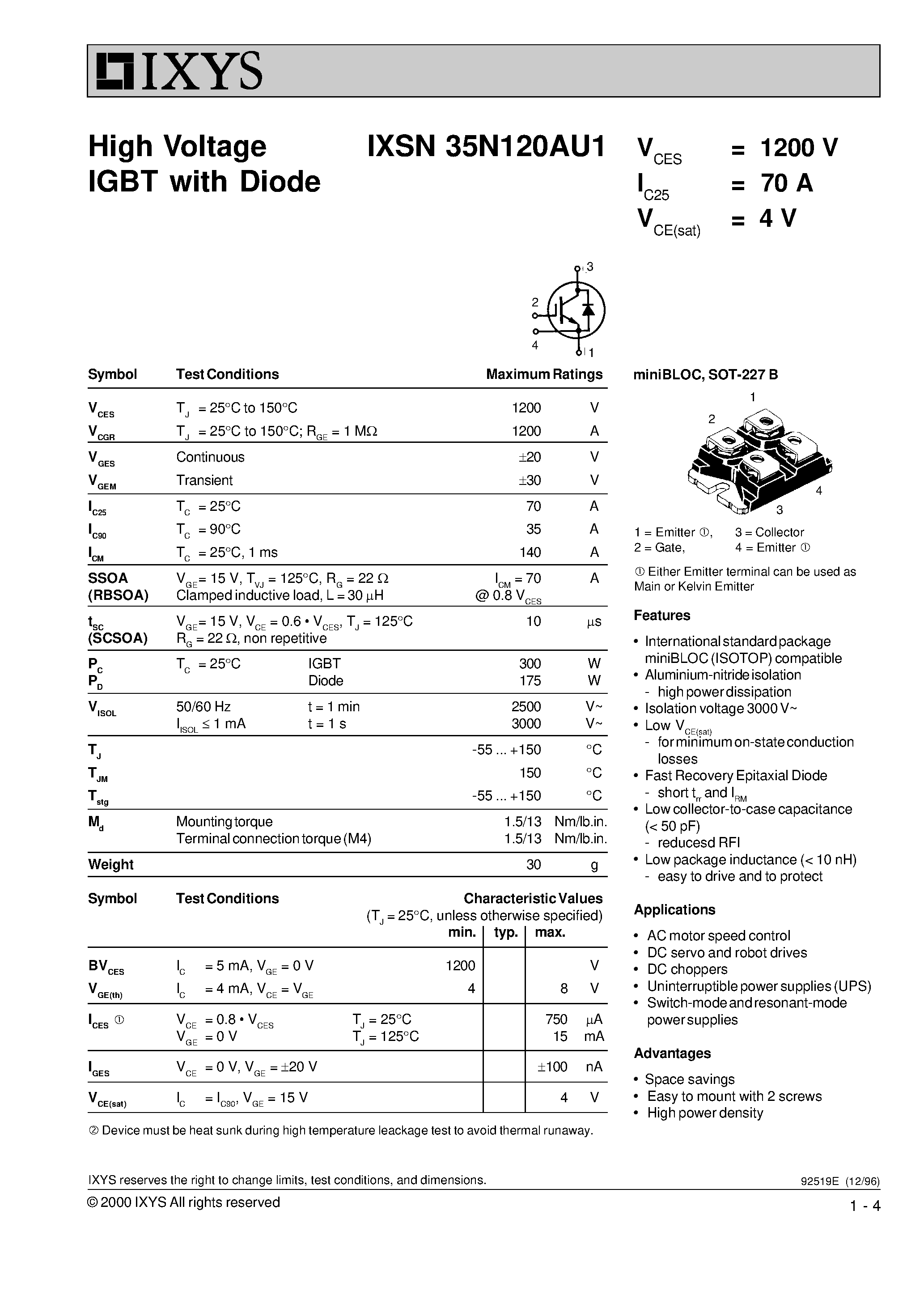 Даташит IXSN35N120AU1 - High Voltage 1 GBT with Diode страница 1