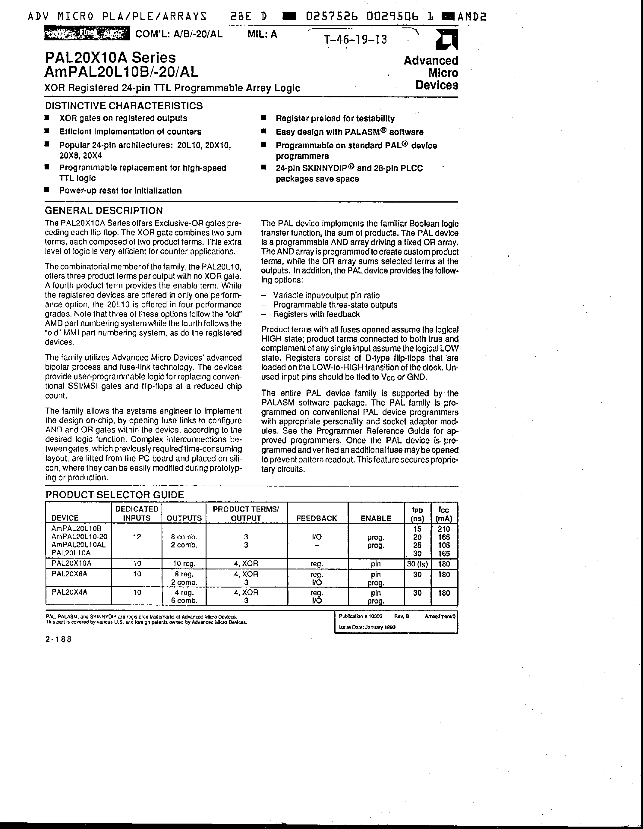 Даташит PAL20L10 - XOR Registered 24 Pin TTL Programmable Array Logic страница 1
