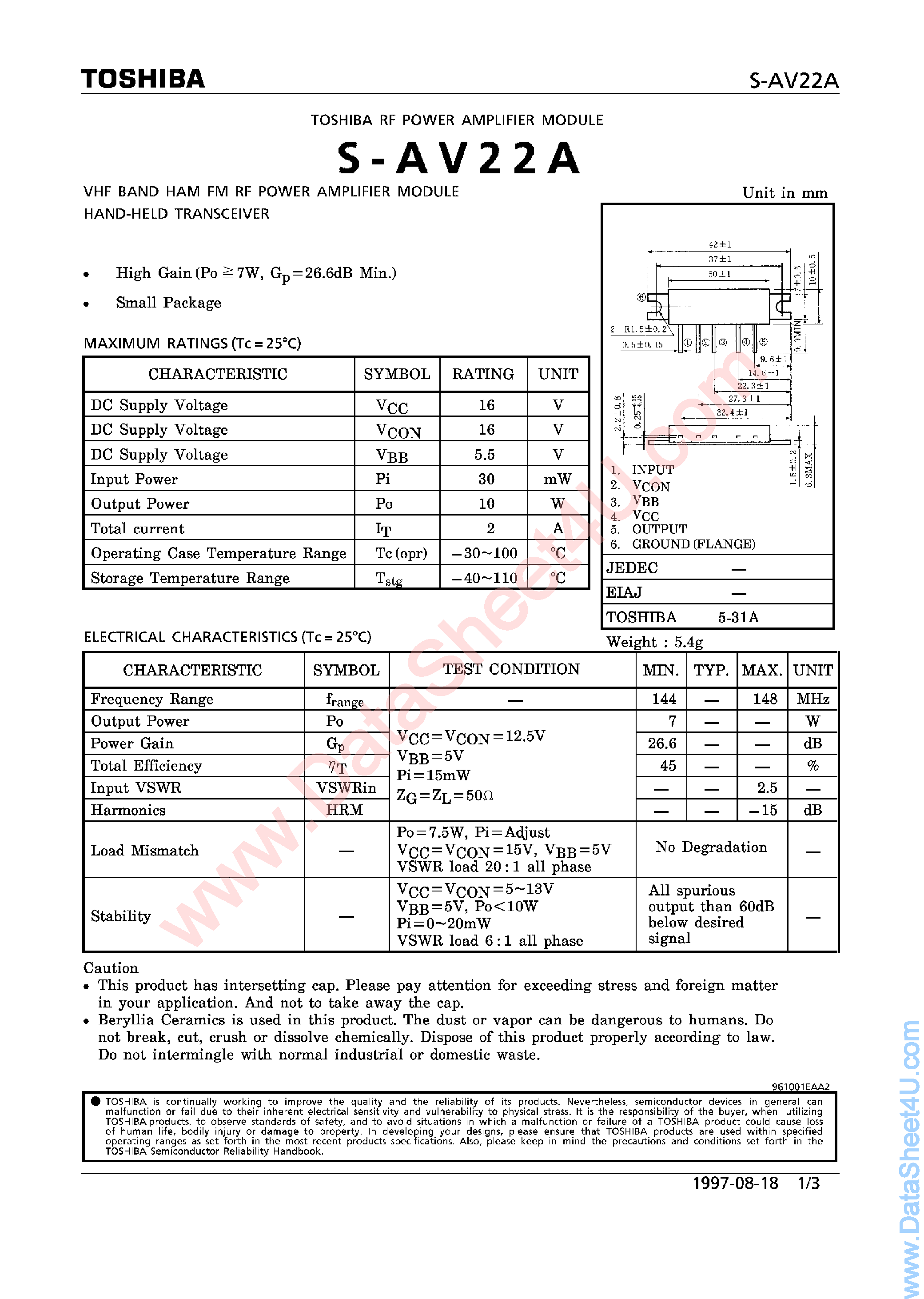 Datasheet S-AV22A - RF Power Amplifier Module page 1