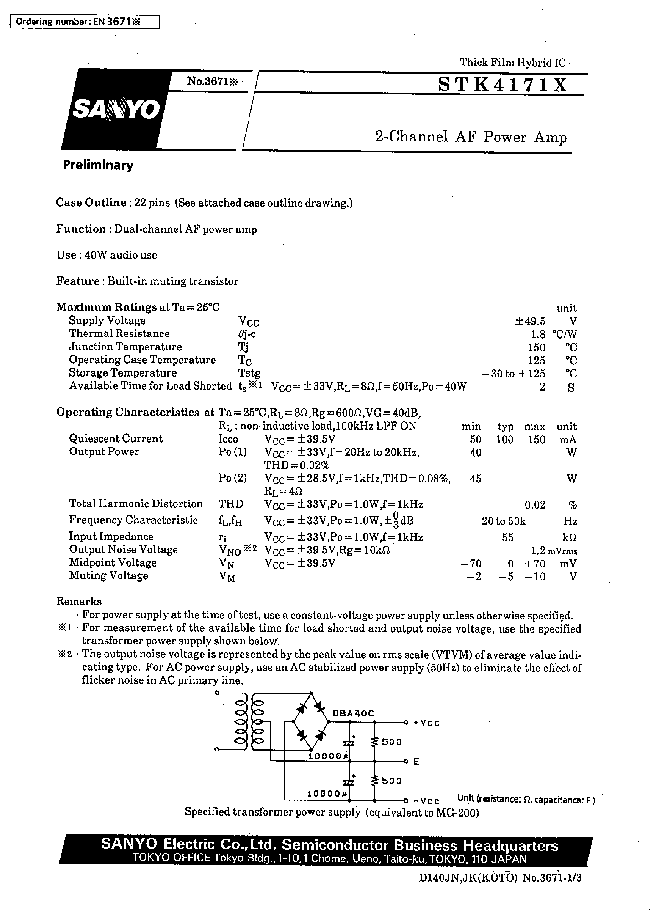 Datasheet STK4171X page 1 Datasheet STK4171X - 2-Channel AF Power Amp page 1