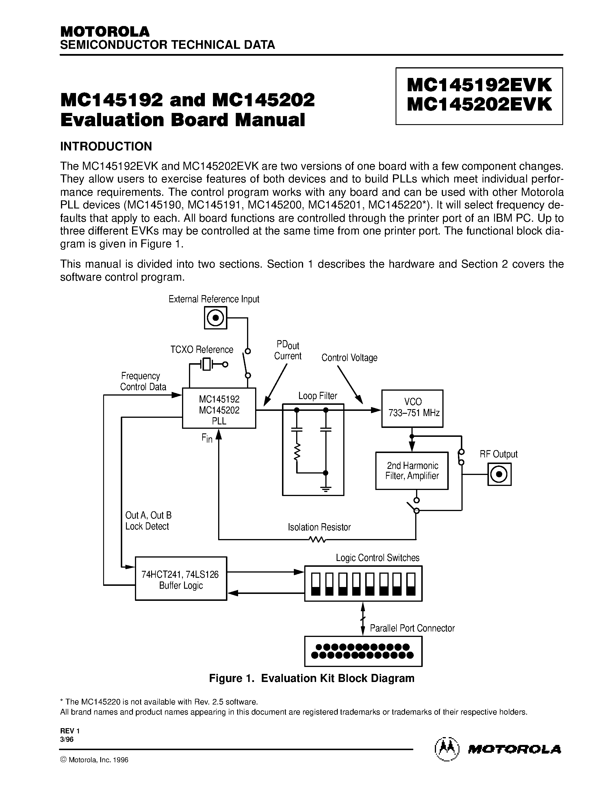 Даташит на микросхему MC145192EVK страница 1 Даташит MC145192EVK - Evaluation Board Manual страница 1