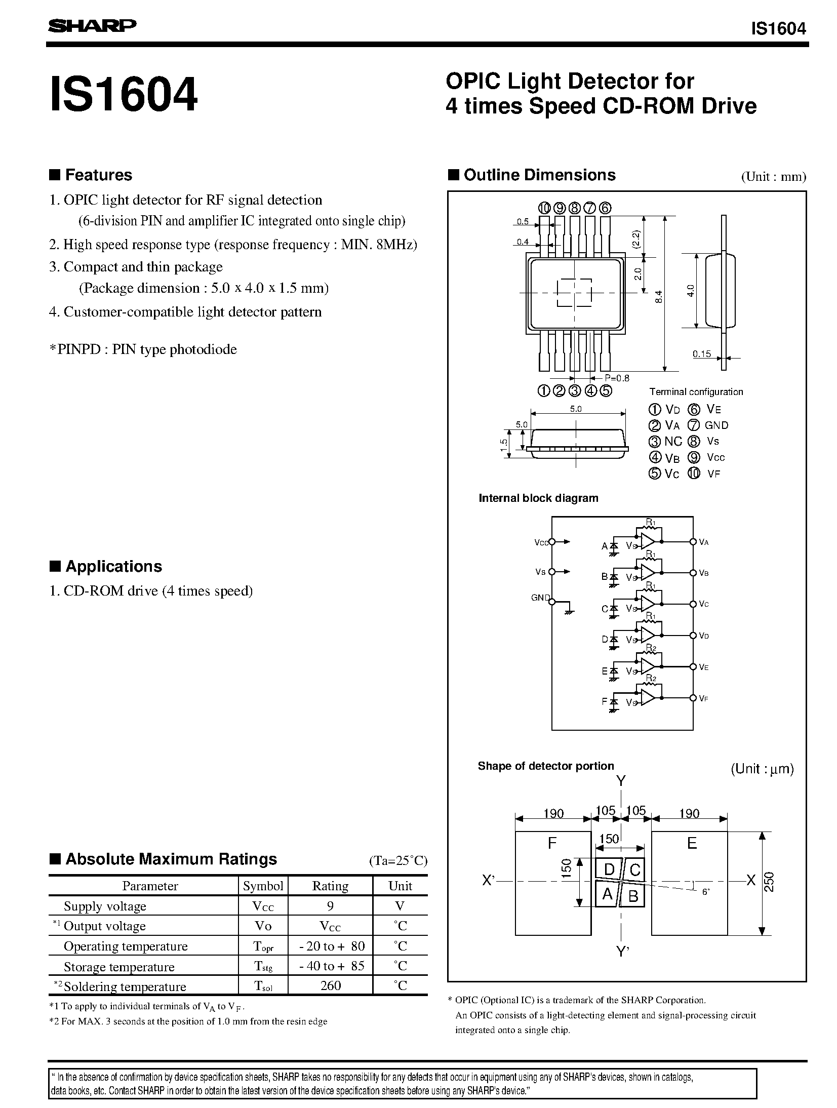 Даташит IS1604 - OPIC Light Detector for 4 times Speed CD-ROM Drive страница 1