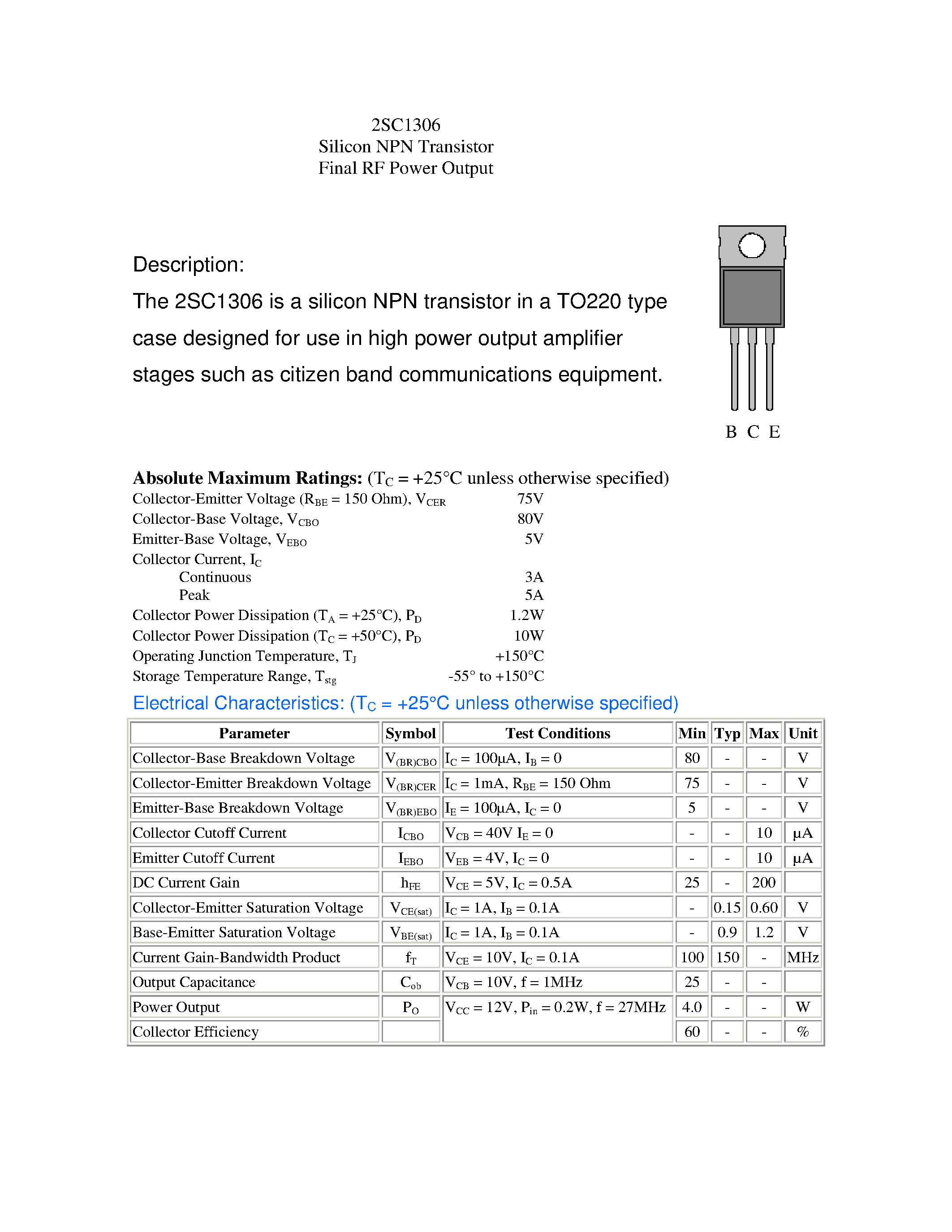 Даташит на микросхему 2SC1306 страница 1 Даташит 2SC1306 - Silicon NPN Transistor Final RF Power Output страница 1
