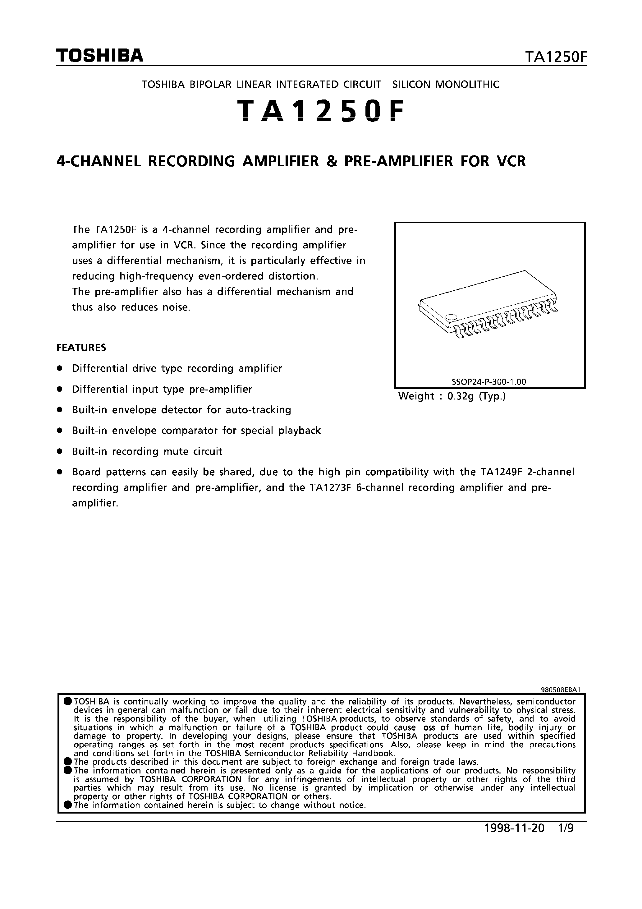Datasheet TA1250F - 4-CHANNEL RECORDING AMPLIFIER & PRE-AMPLIFIER FOR VCR page 1
