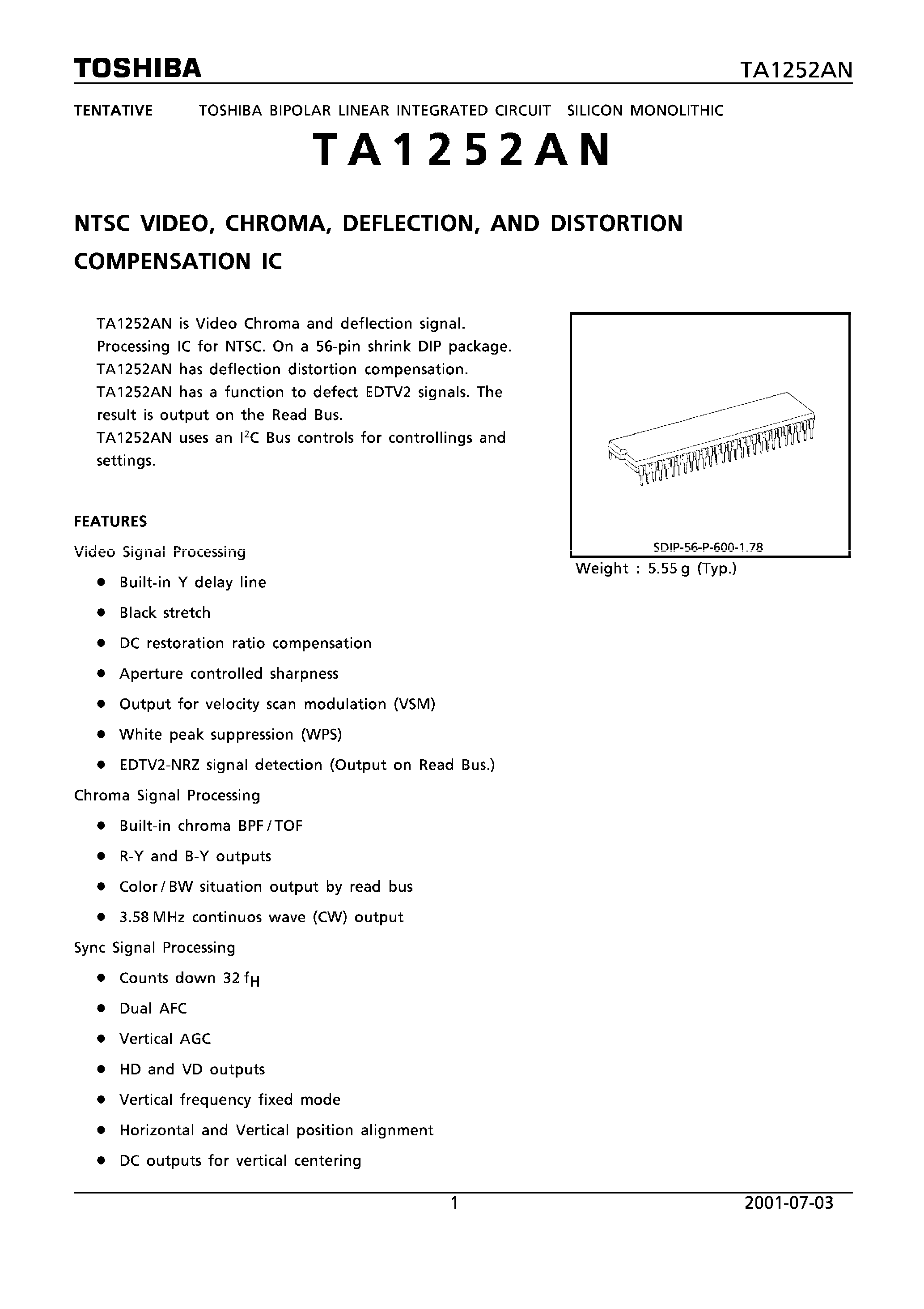 Datasheet TA1252AN - NTSC VIDEO / CHROMA / DEFLECTION AND DISTORTION COMPENSATION IC page 1