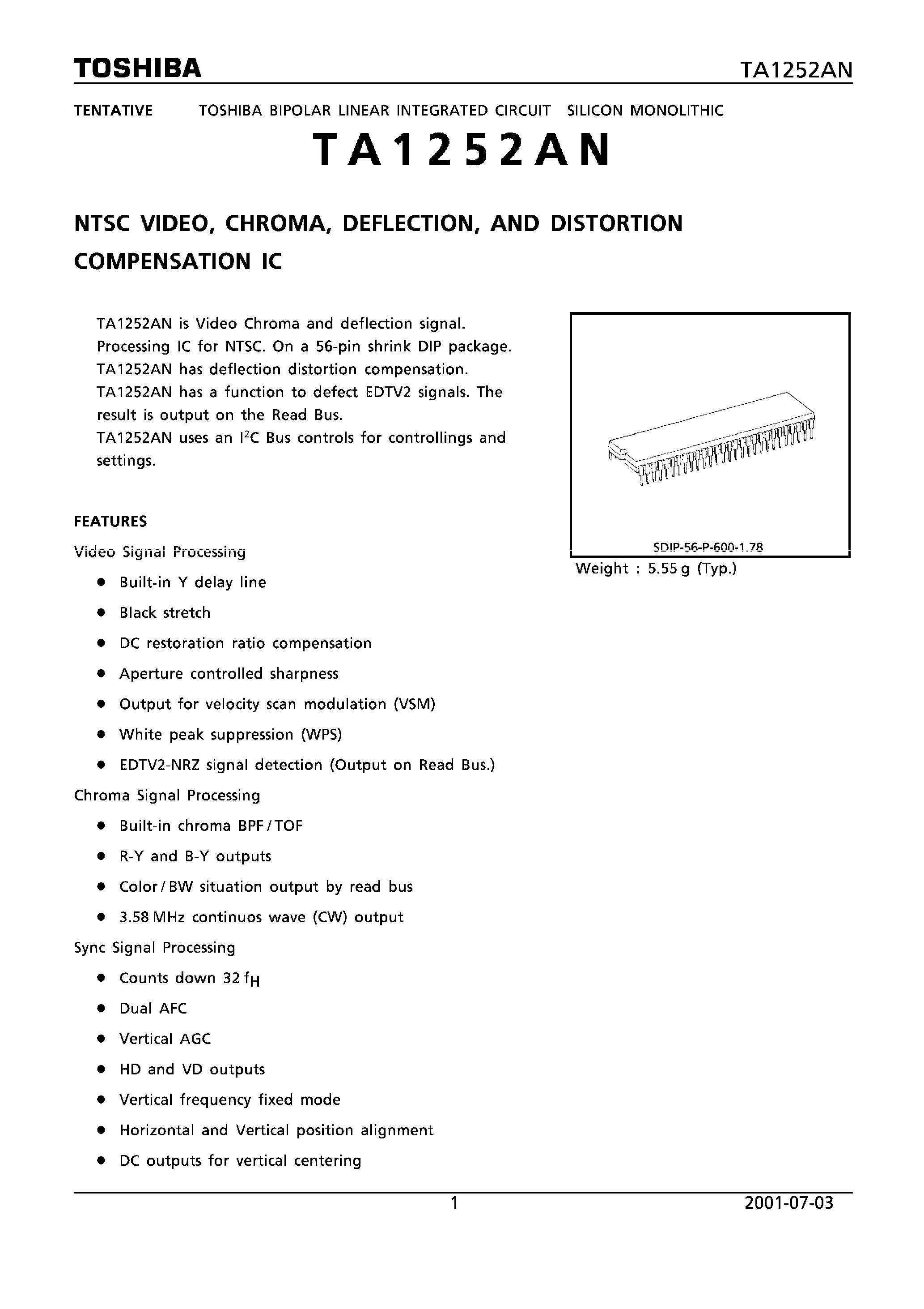 Даташит TA1252AN - NTSC VIDEO / CHROMA / DEFLECTION AND DISTORTION COMPENSATION IC страница 1