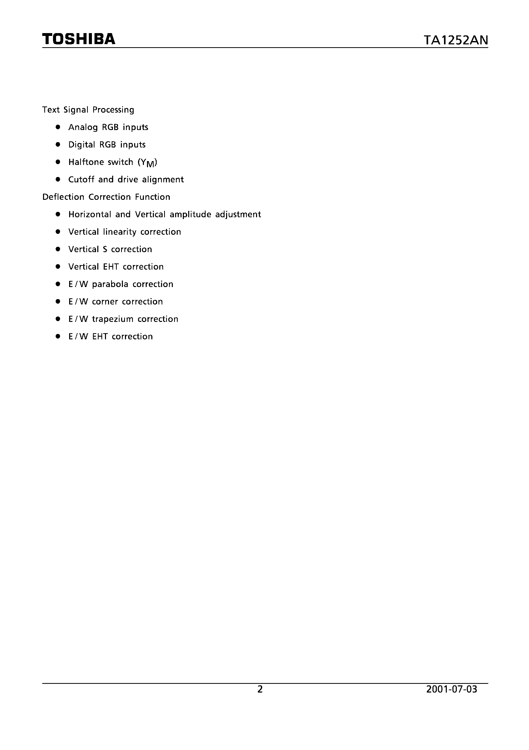 Datasheet TA1252AN - NTSC VIDEO / CHROMA / DEFLECTION AND DISTORTION COMPENSATION IC page 2