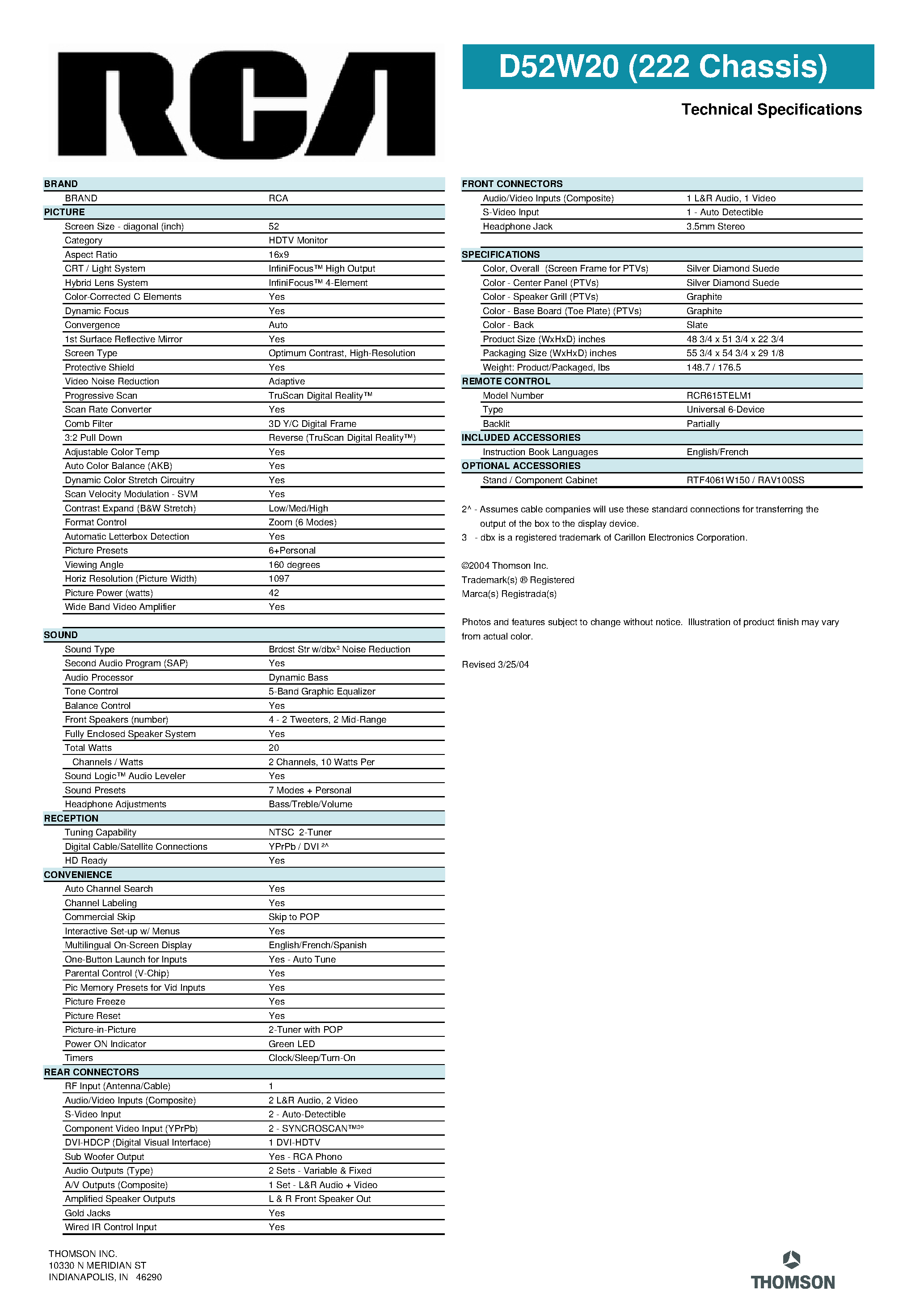 Даташит D52W20 - 52 Inch 16 x 9 HDTV Monitor страница 2