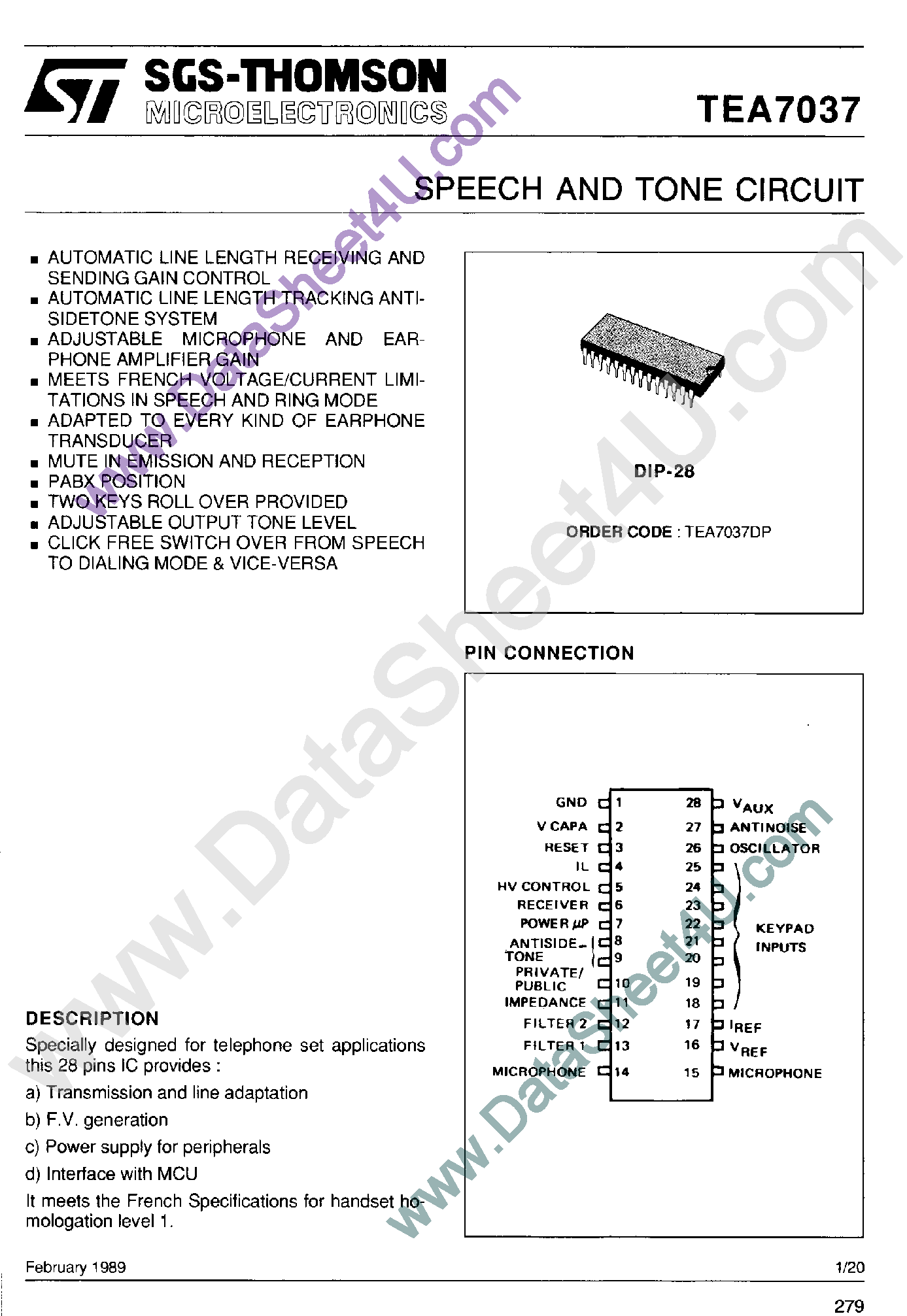 Datasheet TEA7037 page 1 Datasheet TEA7037 - Speech and Tone Circuit page 1