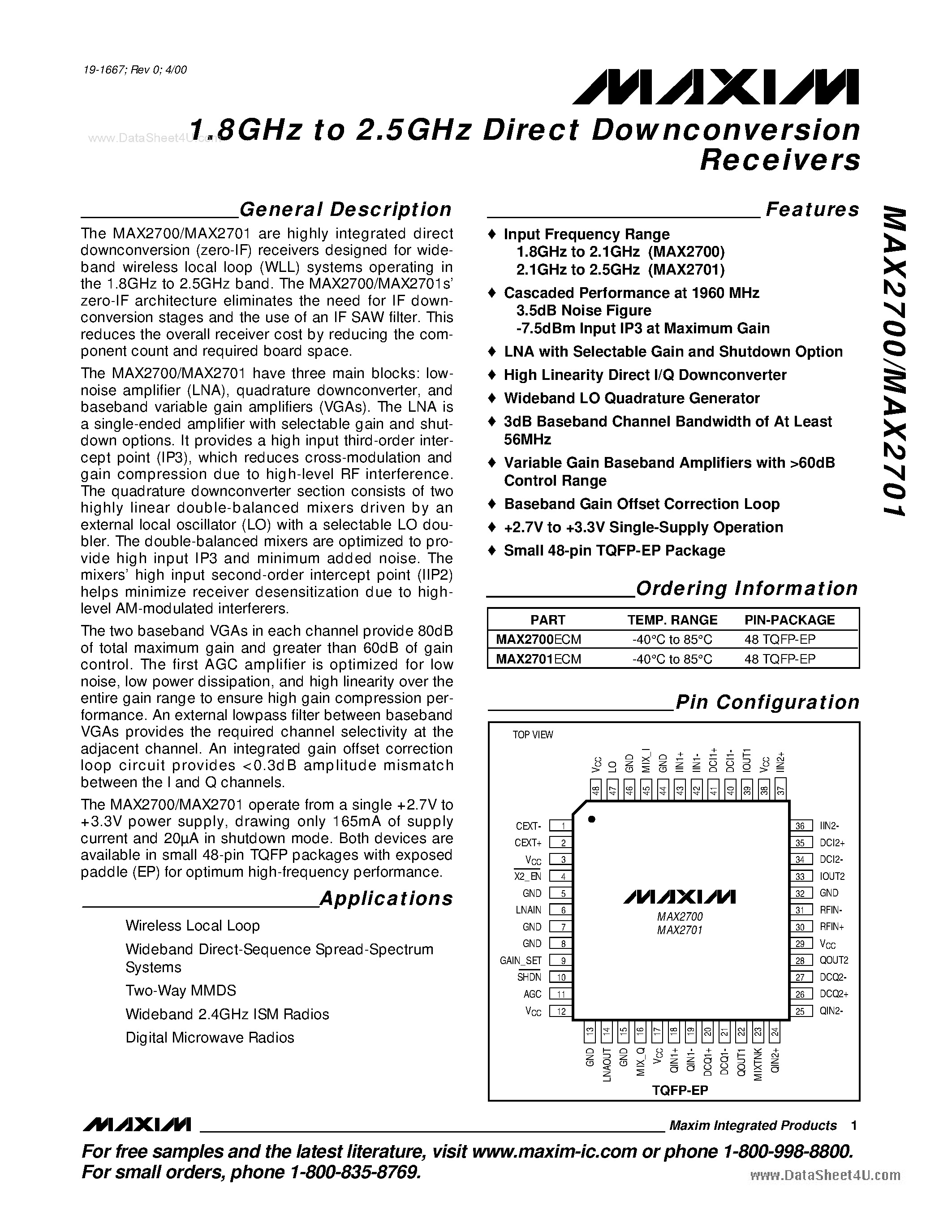 Datasheet MAX2700 - 1.8GHz to 2.5GHz Direct Downconversion Receivers page 1