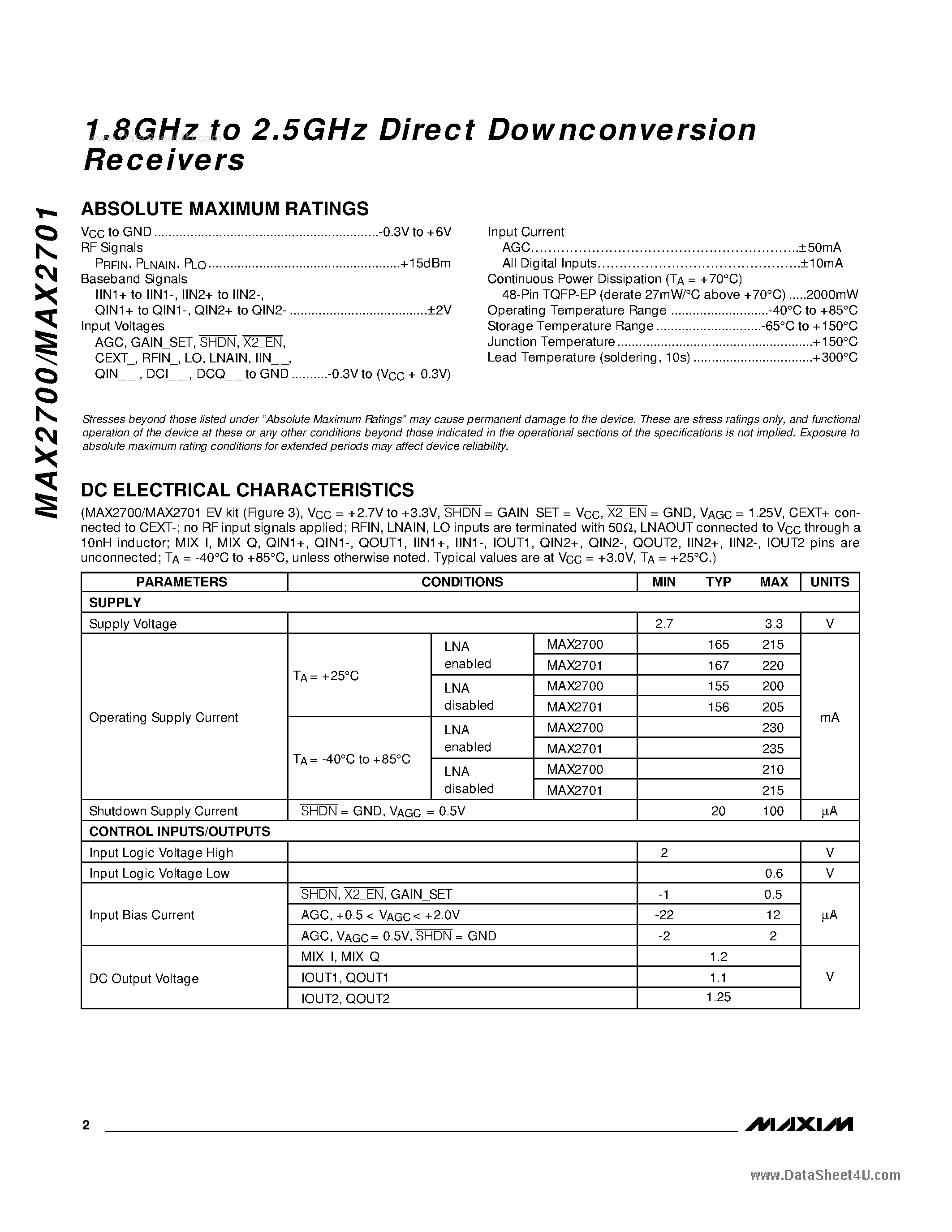 Datasheet MAX2700ECM - 1.8GHz to 2.5GHz Direct Downconversion Receivers page 2
