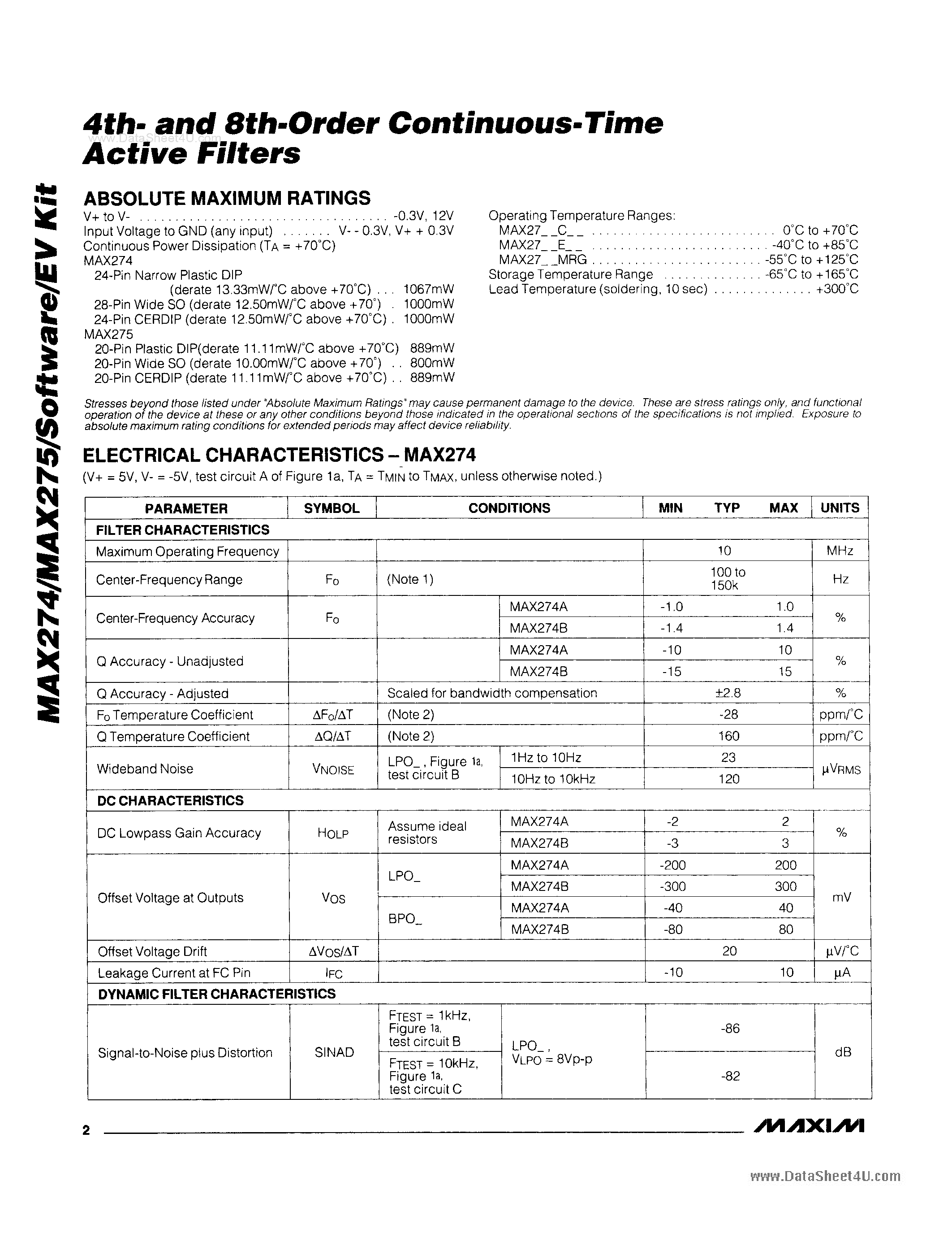Даташит MAX275 - 4th- and 8th-Order Contnuous-Time Active Filters страница 2