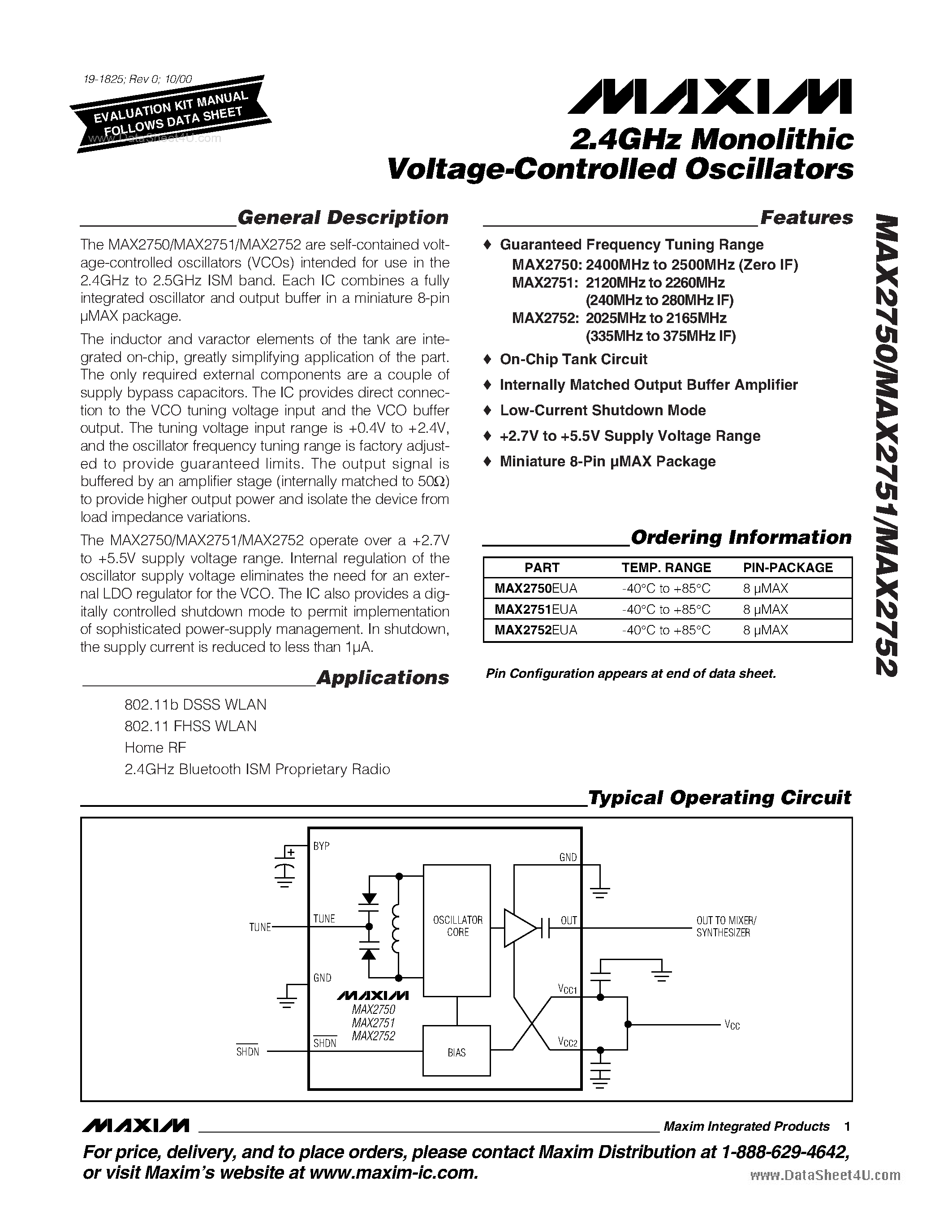 Datasheet MAX2750 - 2.4GHz Monolithic Voltage-Controlled Oscillators page 1