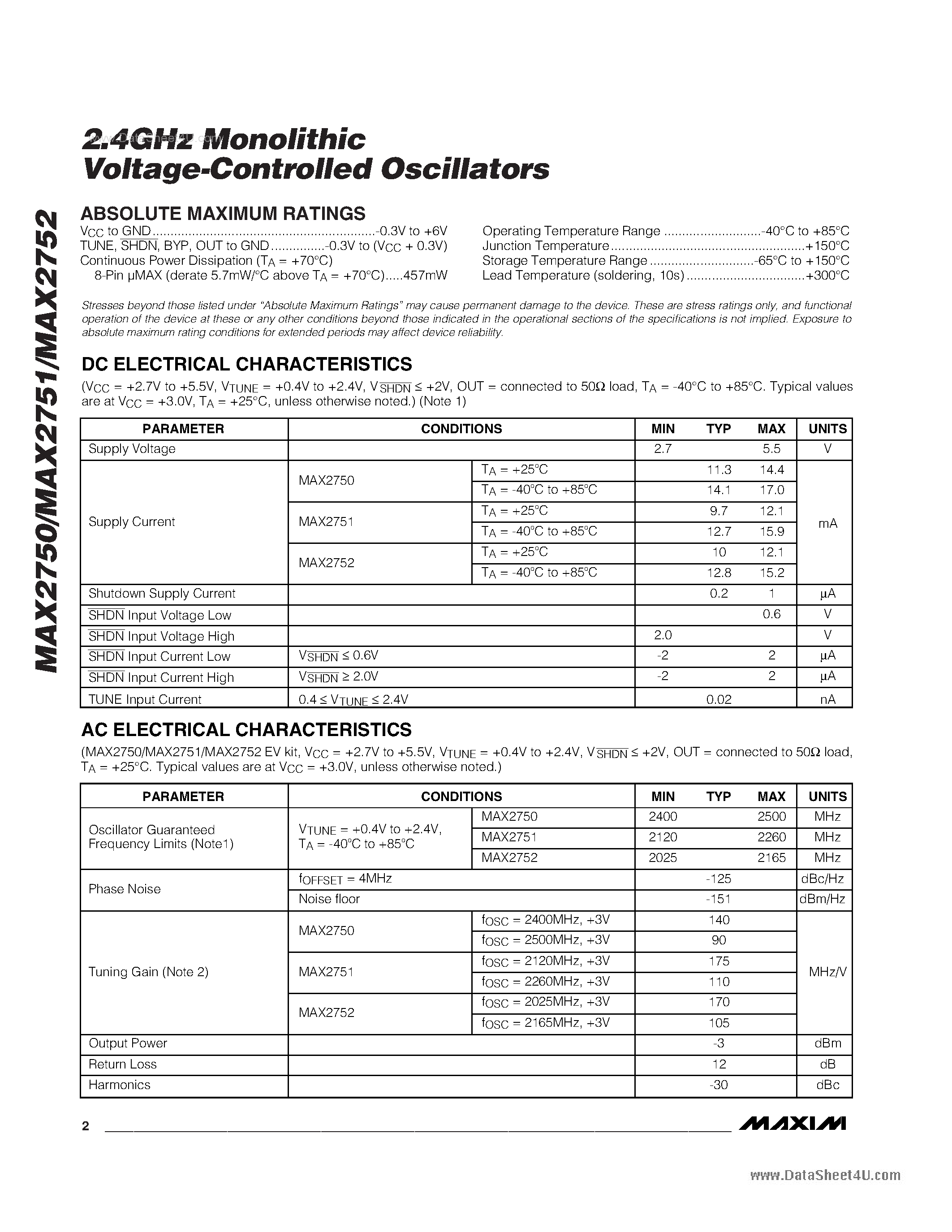 Datasheet MAX2750 - 2.4GHz Monolithic Voltage-Controlled Oscillators page 2