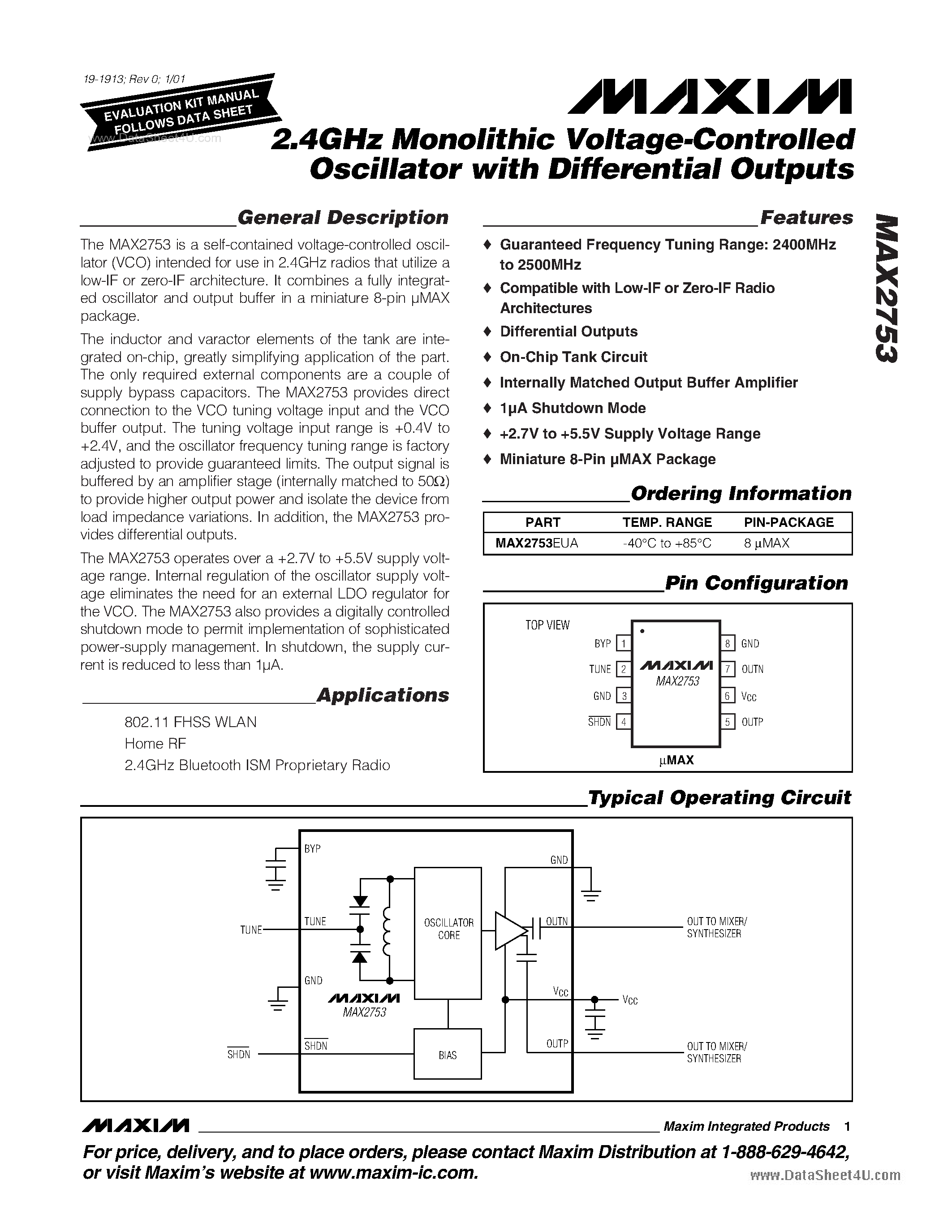 Datasheet MAX2753 - 2.4GHz Monolithic Voltage-Controlled Oscillator with Differential Outputs page 1
