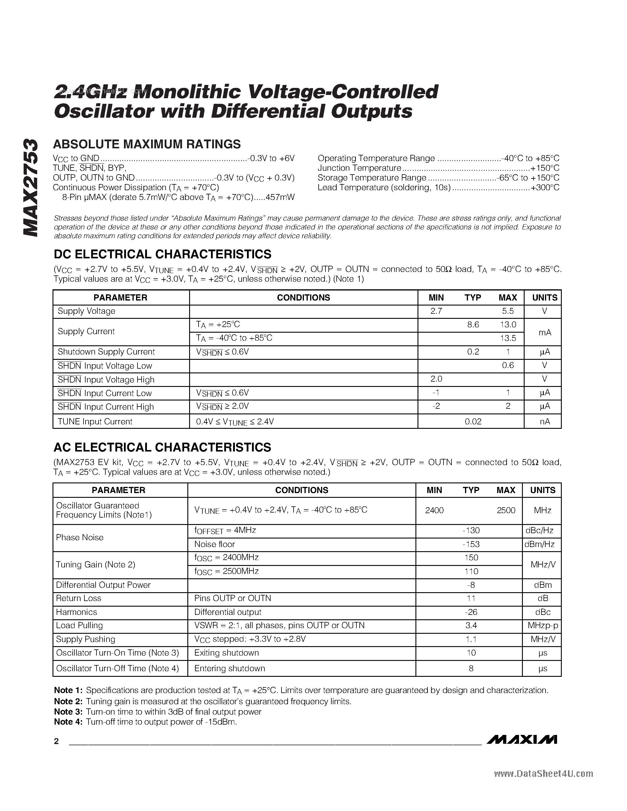 Datasheet MAX2753 - 2.4GHz Monolithic Voltage-Controlled Oscillator with Differential Outputs page 2