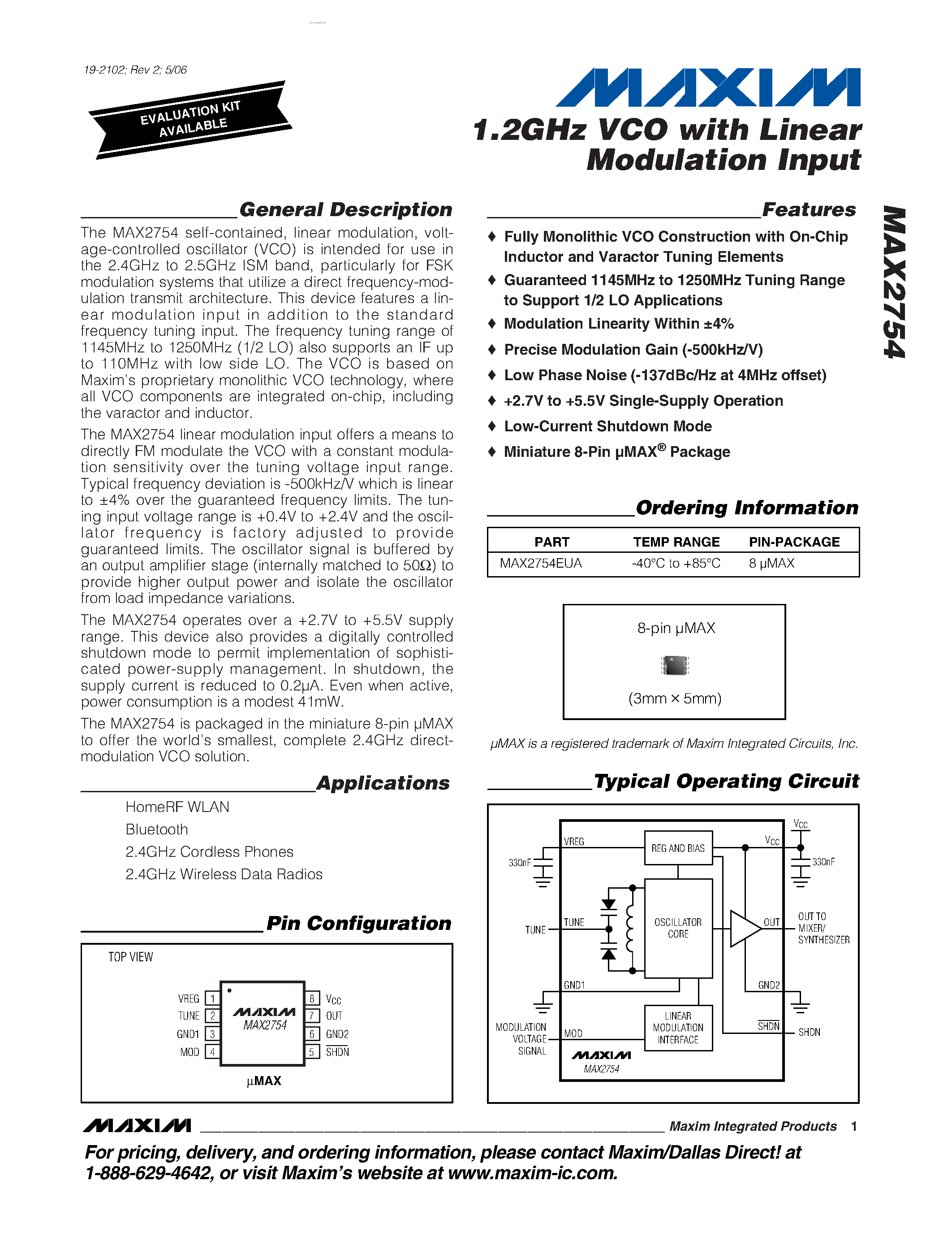 Datasheet MAX2754 - 1.2GHz VCO with Linear Modulation Input page 1