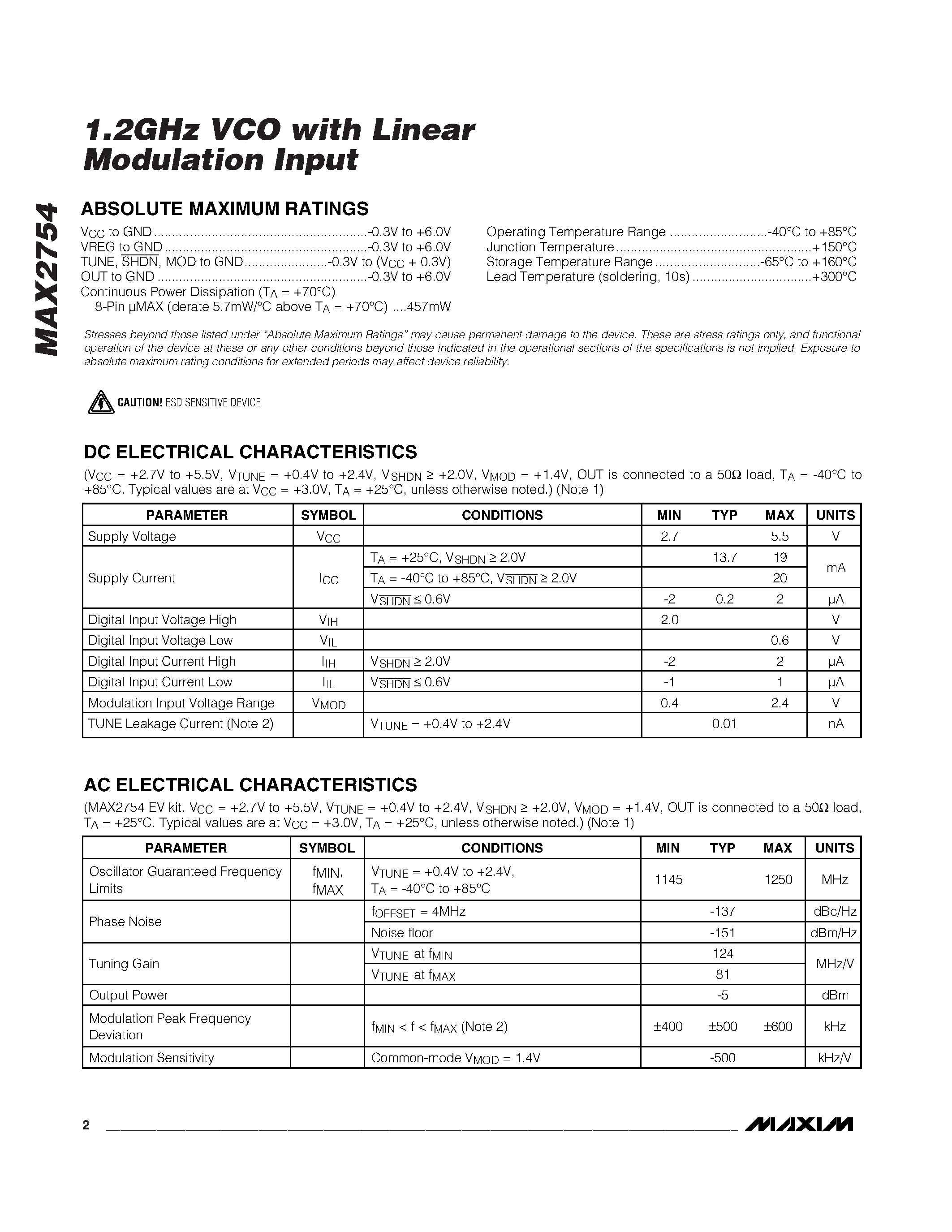 Datasheet MAX2754 - 1.2GHz VCO with Linear Modulation Input page 2