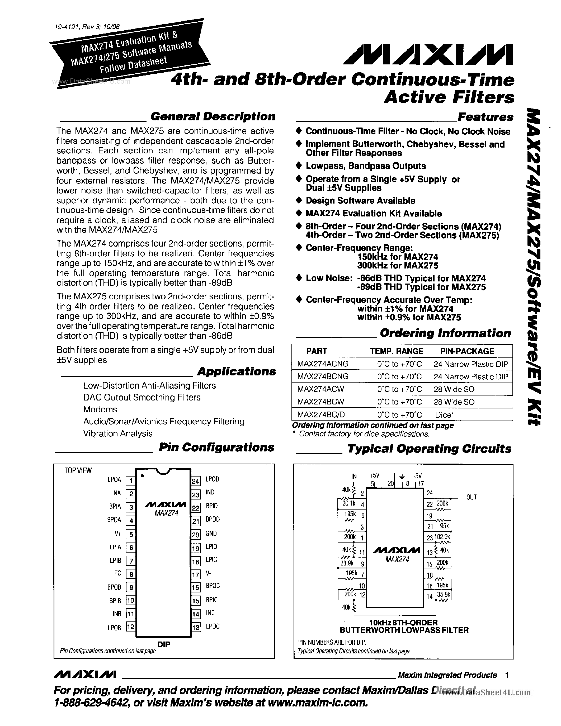 Даташит MAX275A - 4th- and 8th-Order Contnuous-Time Active Filters страница 1