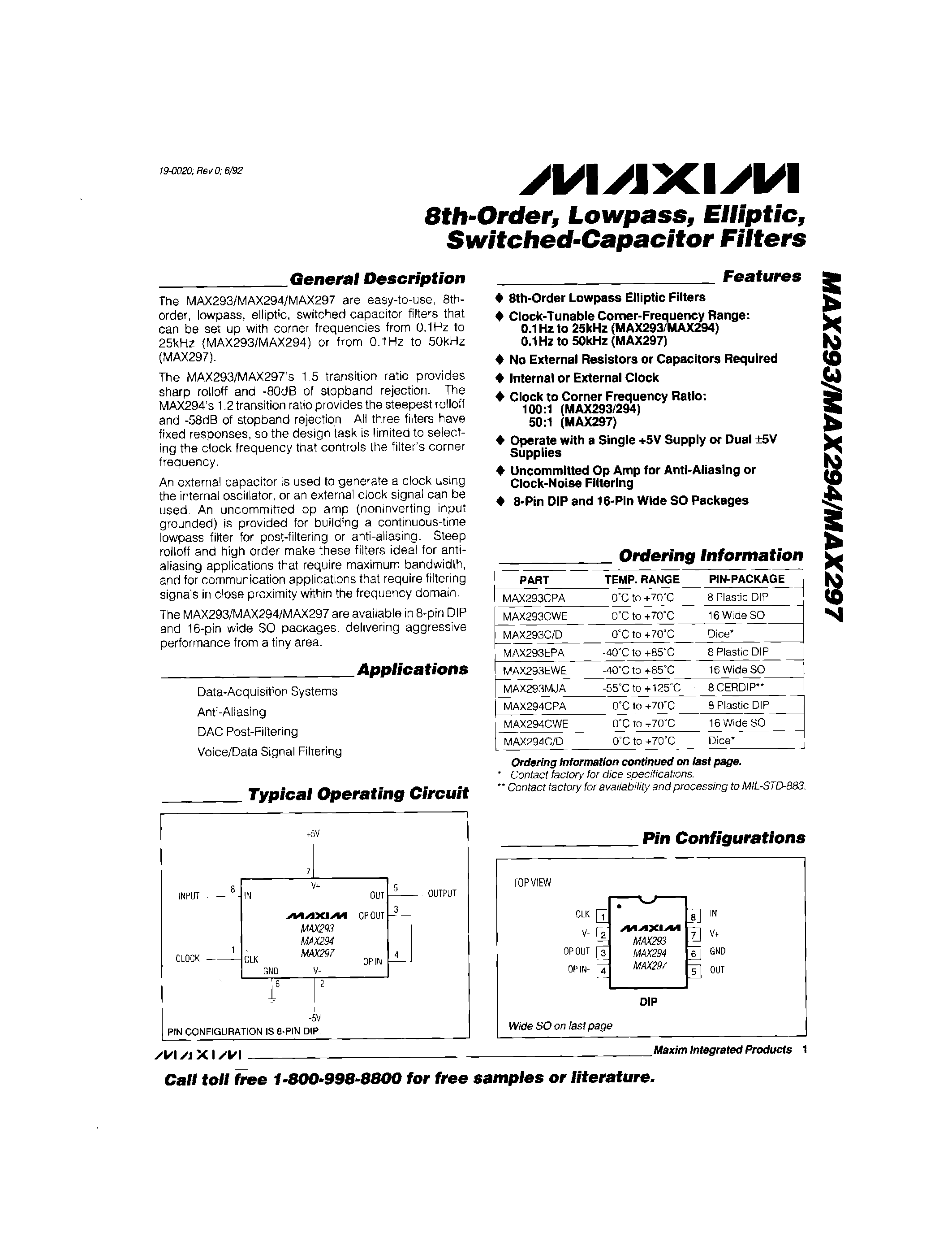 Datasheet MAX294 - 8th-Order / Lowpass / Elliptic / Switched-Capacitor Filters page 1
