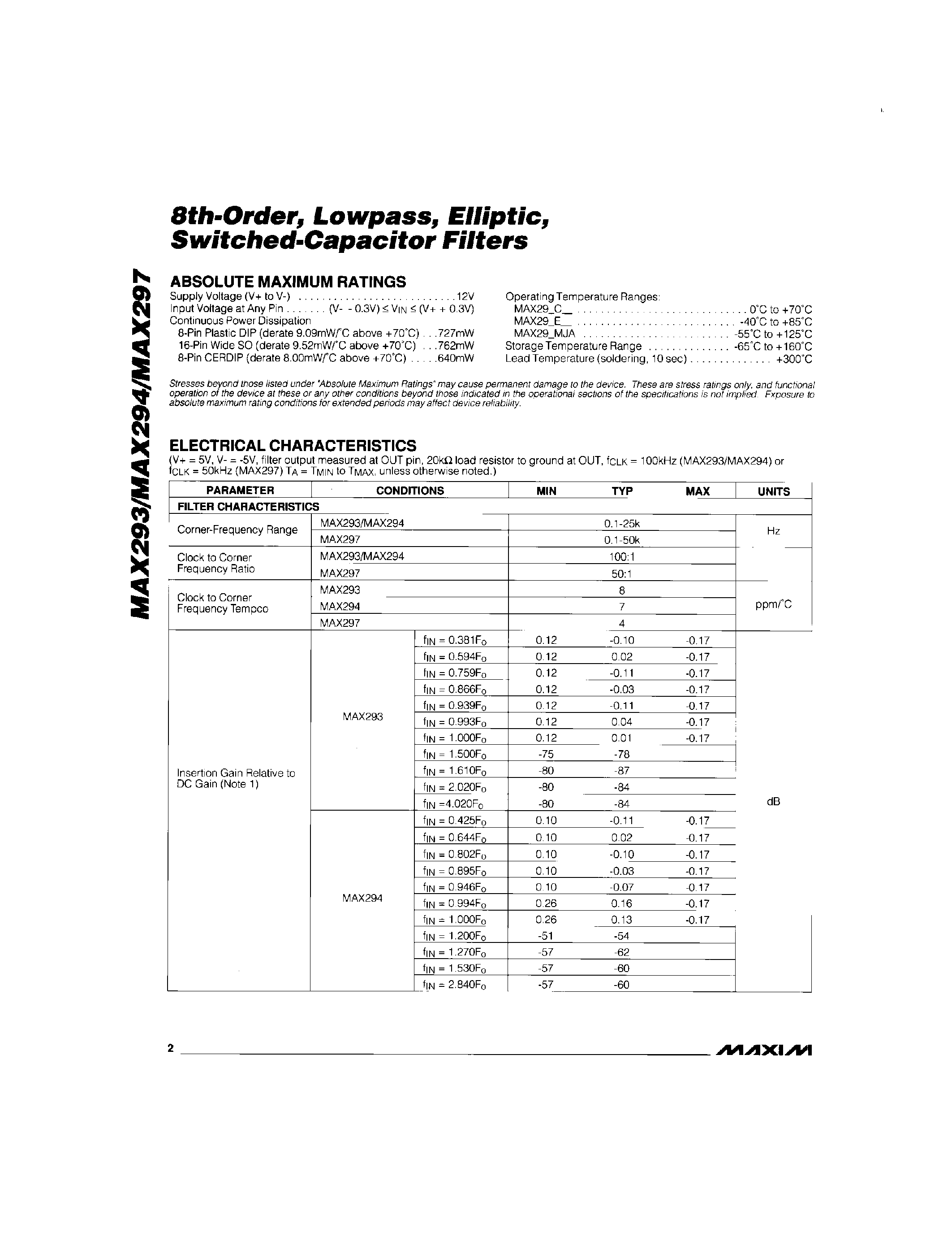 Datasheet MAX294 - 8th-Order / Lowpass / Elliptic / Switched-Capacitor Filters page 2