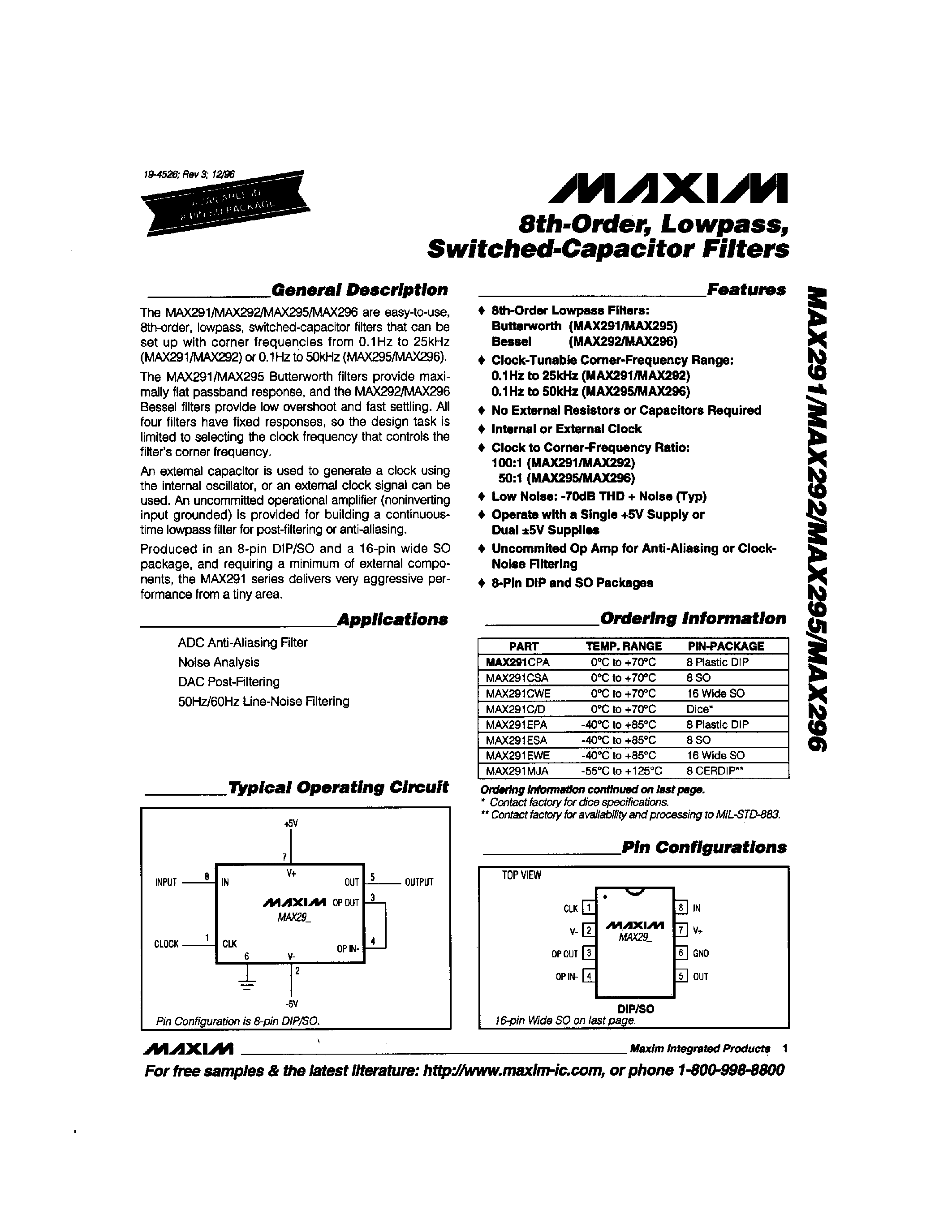 Datasheet MAX295 - 8th-Order / Lowpass / Switched-Capacitor Filters page 1