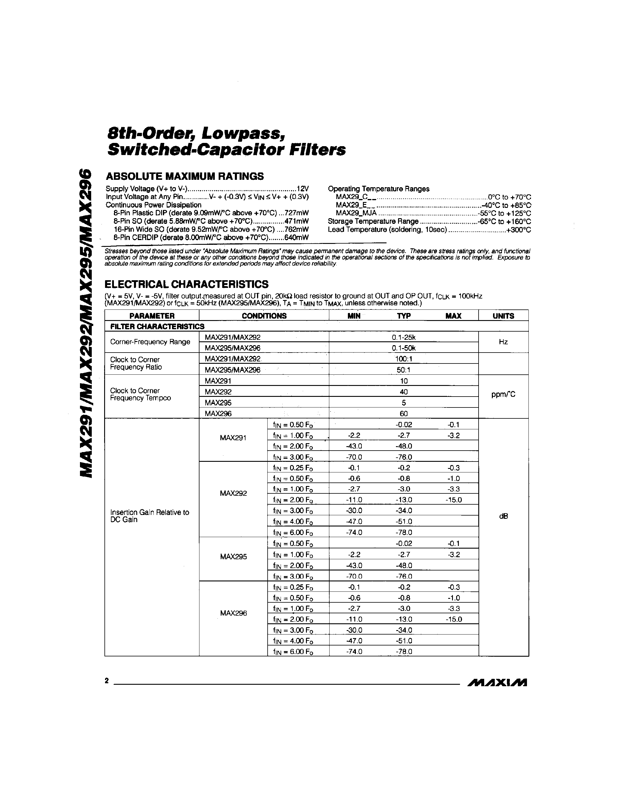 Datasheet MAX295 - 8th-Order / Lowpass / Switched-Capacitor Filters page 2