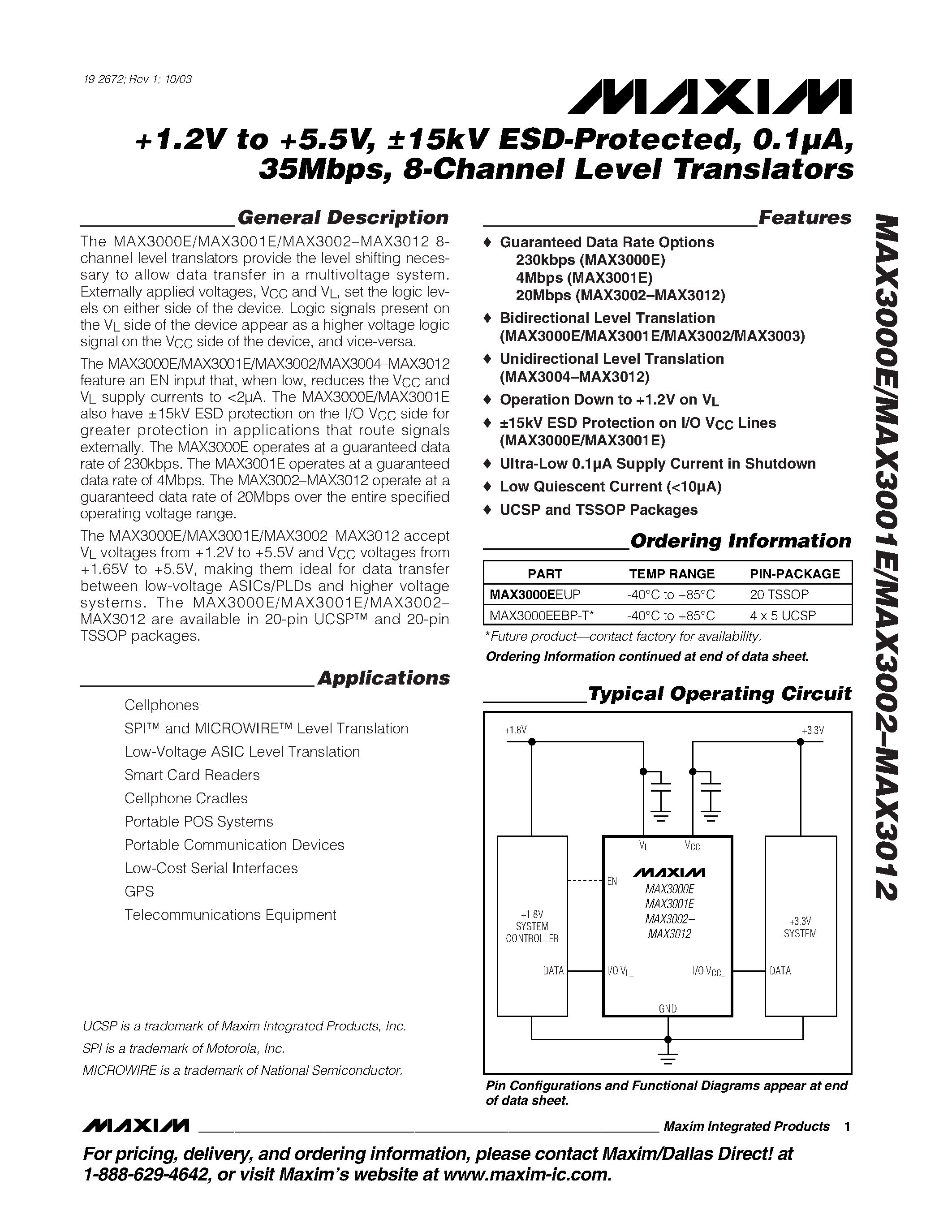 Datasheet MAX3001EEUP - +1.2V to +5.5V / 15kV ESD-Protected / 0.1A / 35Mbps / 8-Channel Level Translators page 1
