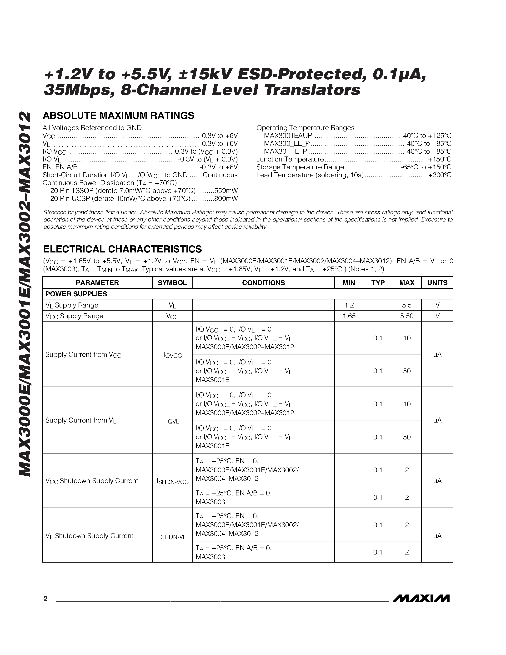 Datasheet MAX3003EUP - +1.2V to +5.5V / 15kV ESD-Protected / 0.1A / 35Mbps / 8-Channel Level Translators page 2