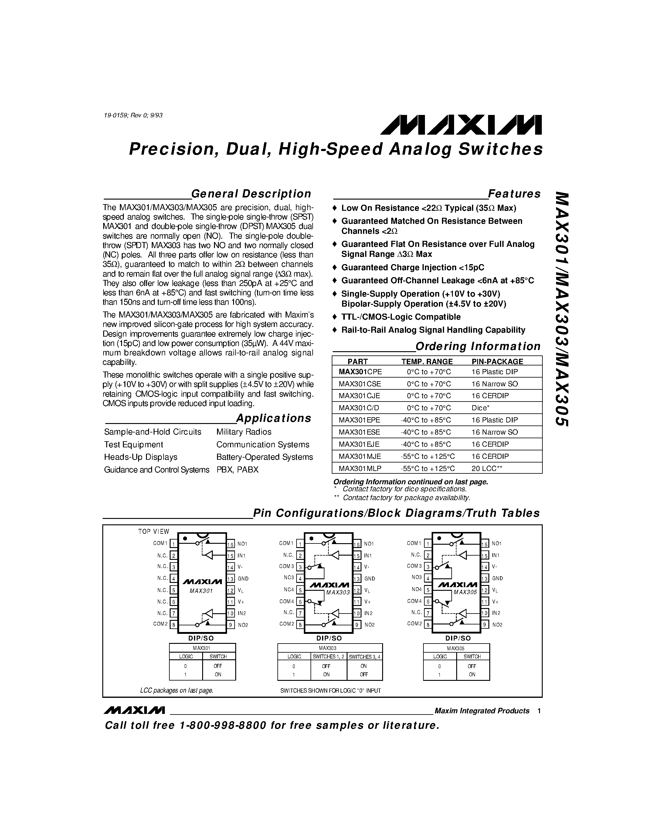 Datasheet MAX301 - Precision / Dual / High-Speed Analog Switches page 1