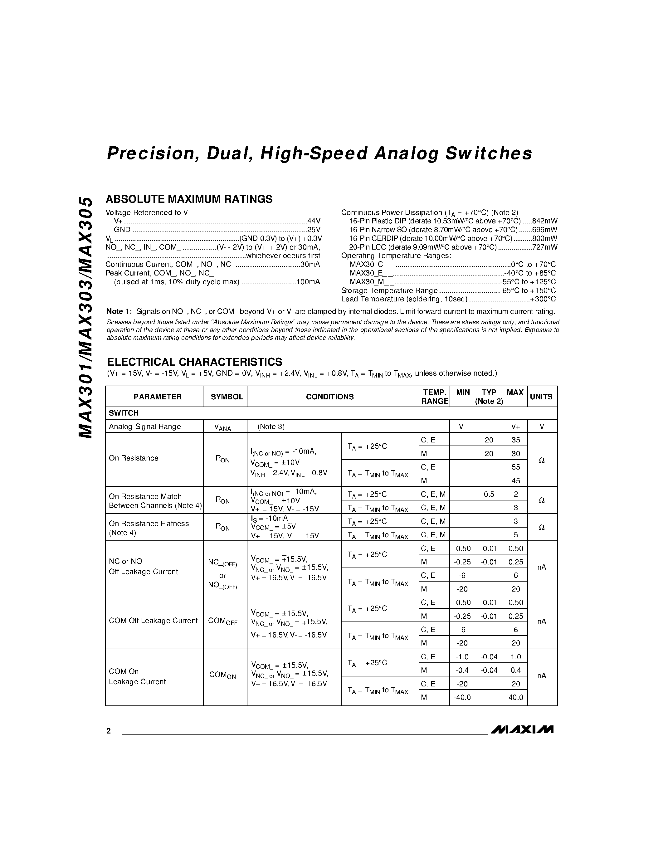 Datasheet MAX301 - Precision / Dual / High-Speed Analog Switches page 2