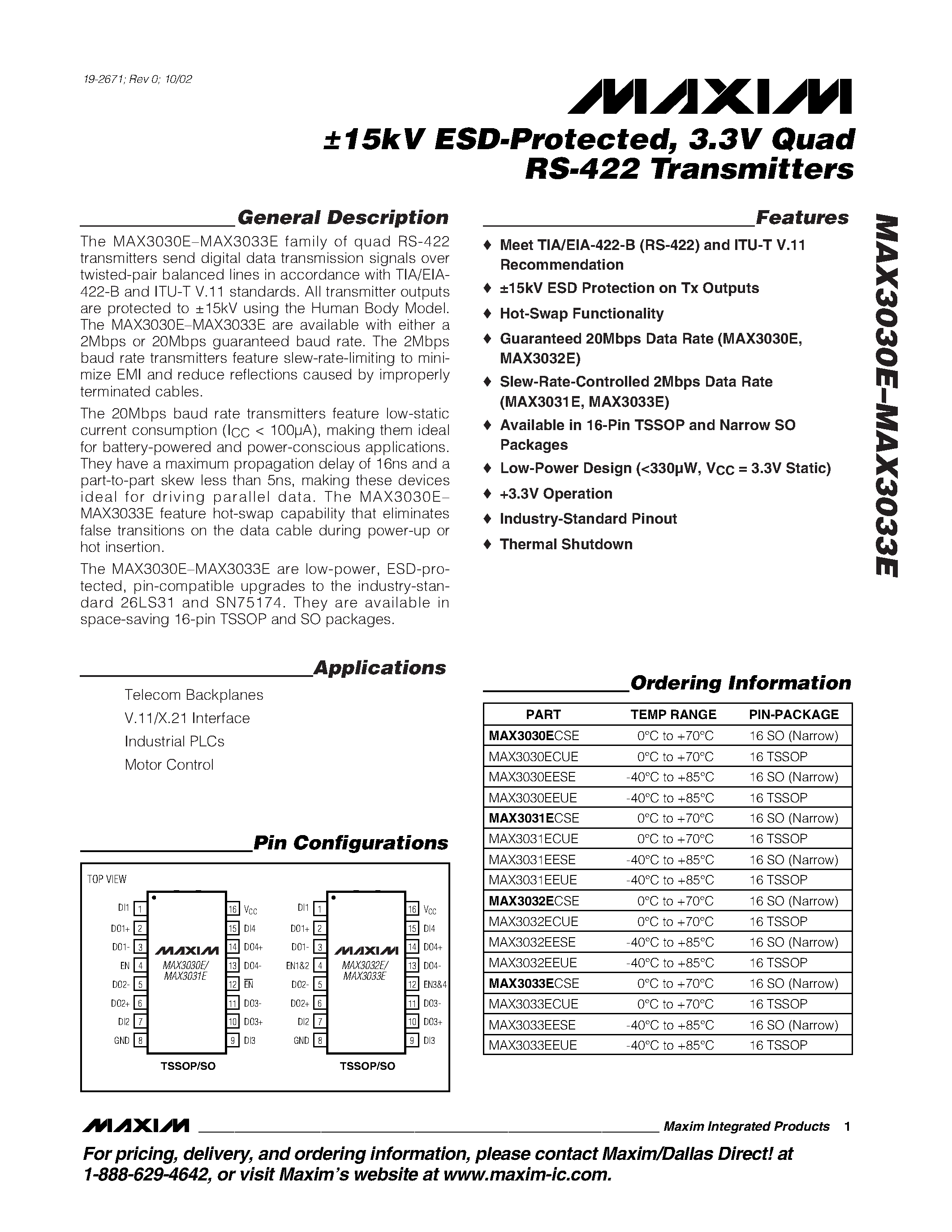 Datasheet MAX3031ECSE - 15kV ESD-Protected / 3.3V Quad RS-422 Transmitters page 1