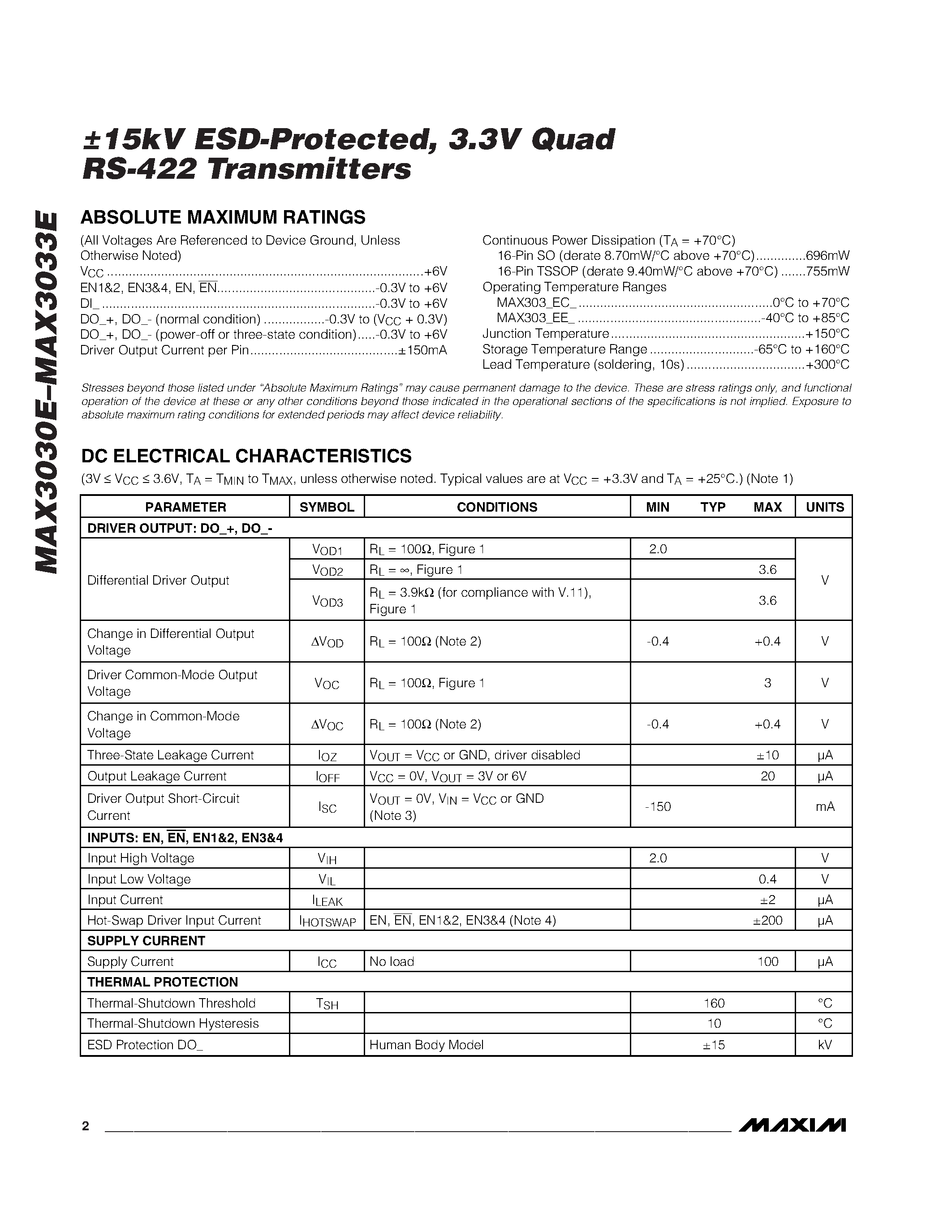 Datasheet MAX3033EEUE - 15kV ESD-Protected / 3.3V Quad RS-422 Transmitters page 2