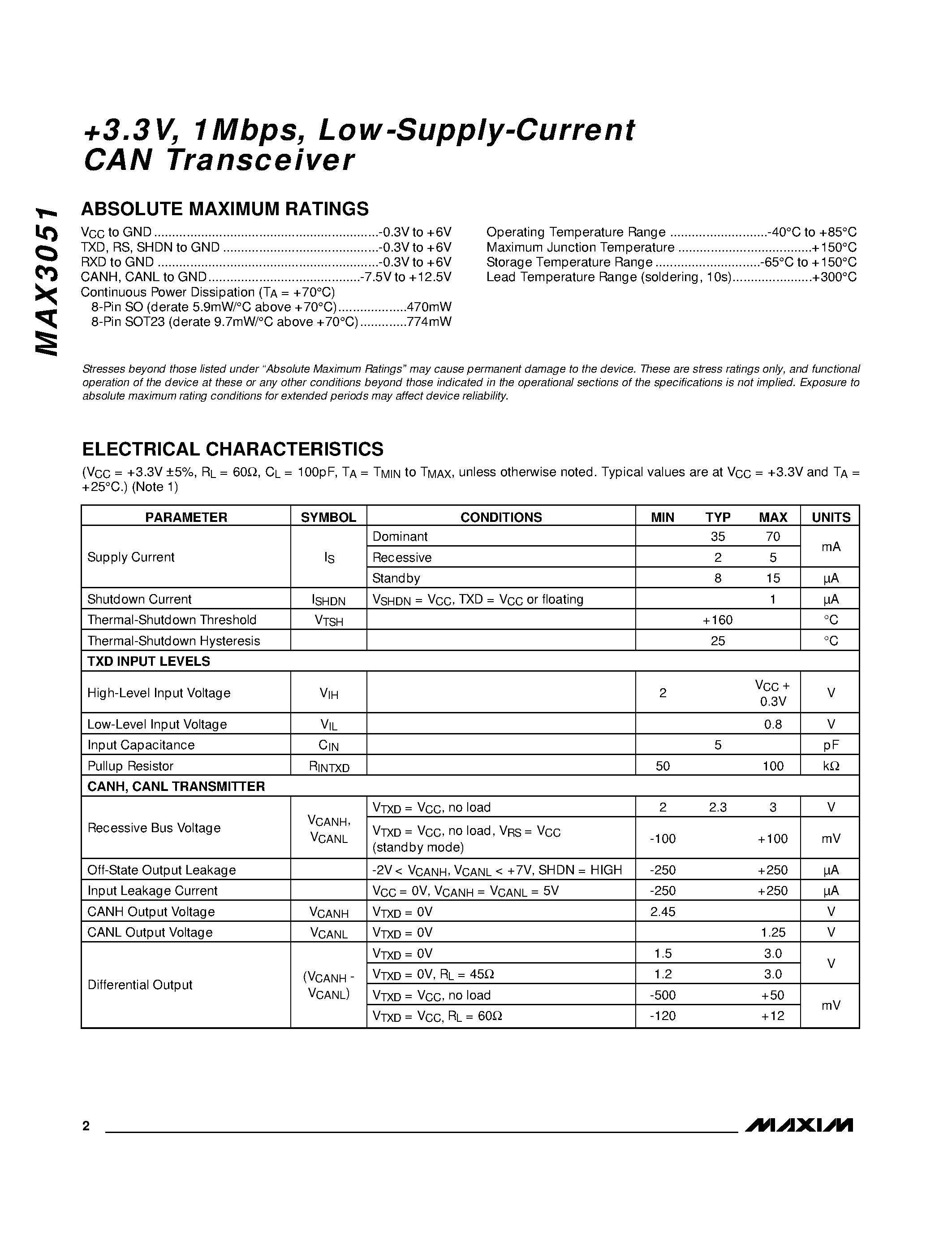 Datasheet MAX3051 - +3.3V / 1Mbps / Low-Supply-Current CAN Transceiver page 2