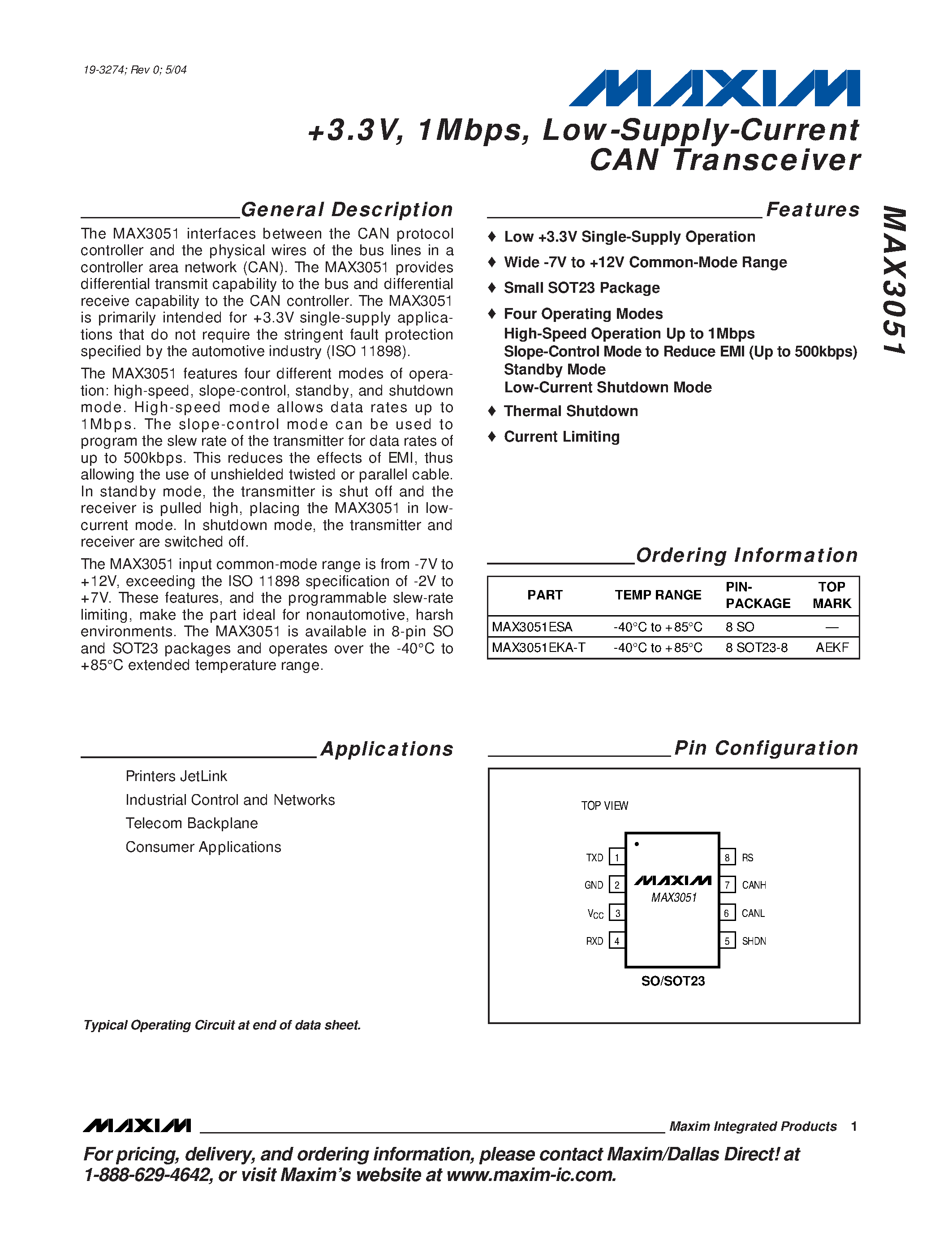 Datasheet MAX3051ESA - +3.3V / 1Mbps / Low-Supply-Current CAN Transceiver page 1