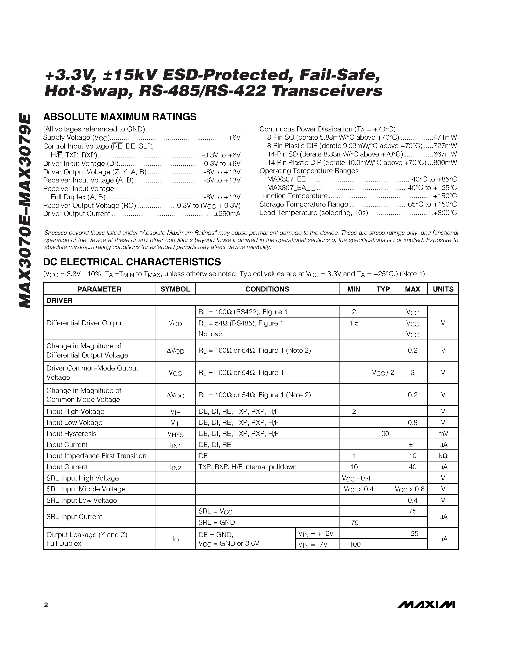 Datasheet MAX3071EESA - +3.3V / 15kV ESD-Protected / Fail-Safe / Hot-Swap / RS-485/RS-422 Transceivers page 2