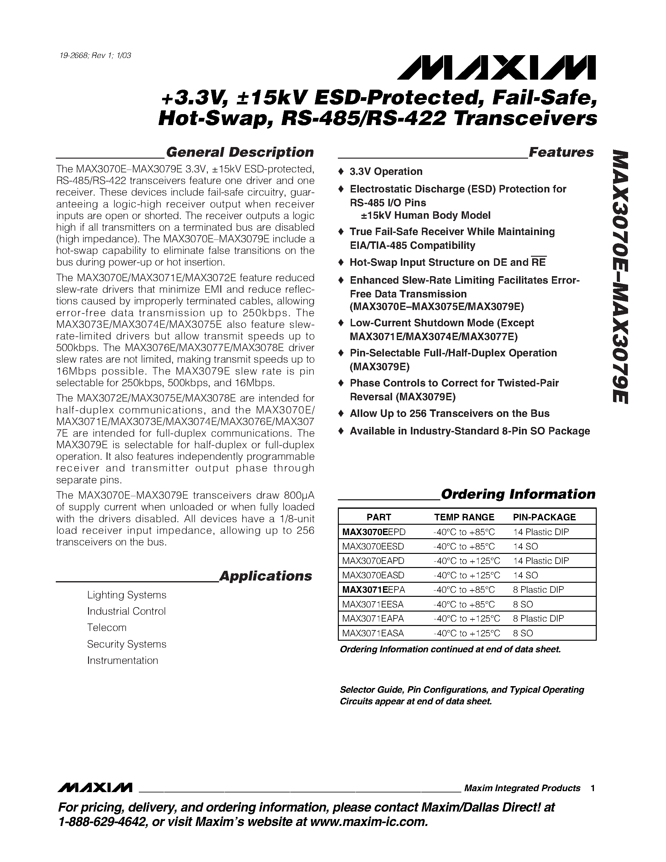 Datasheet MAX3073EESD - +3.3V / 15kV ESD-Protected / Fail-Safe / Hot-Swap / RS-485/RS-422 Transceivers page 1