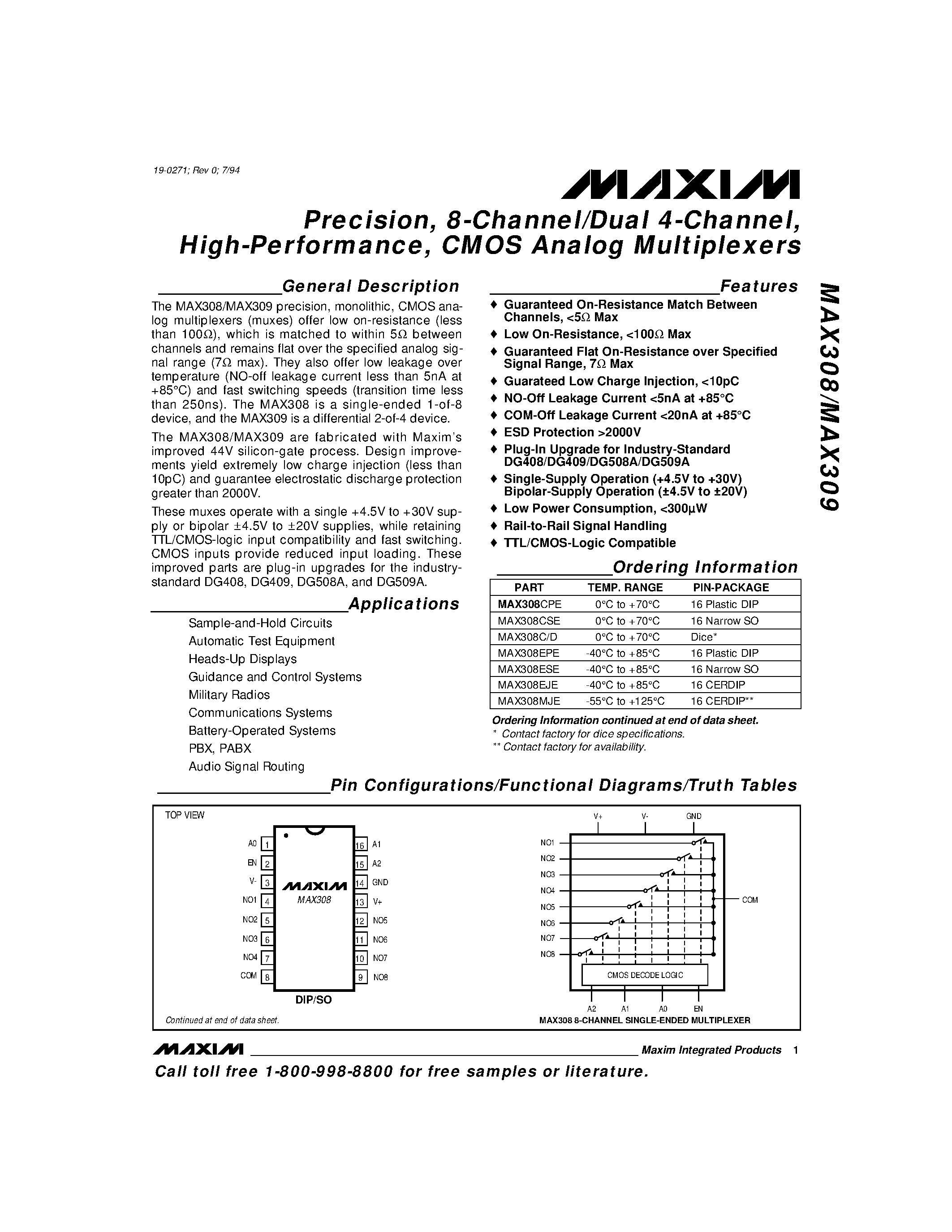 Datasheet MAX308 - Precision / 8-Channel/Dual 4-Channel / High-Performance / CMOS Analog Multiplexers page 1
