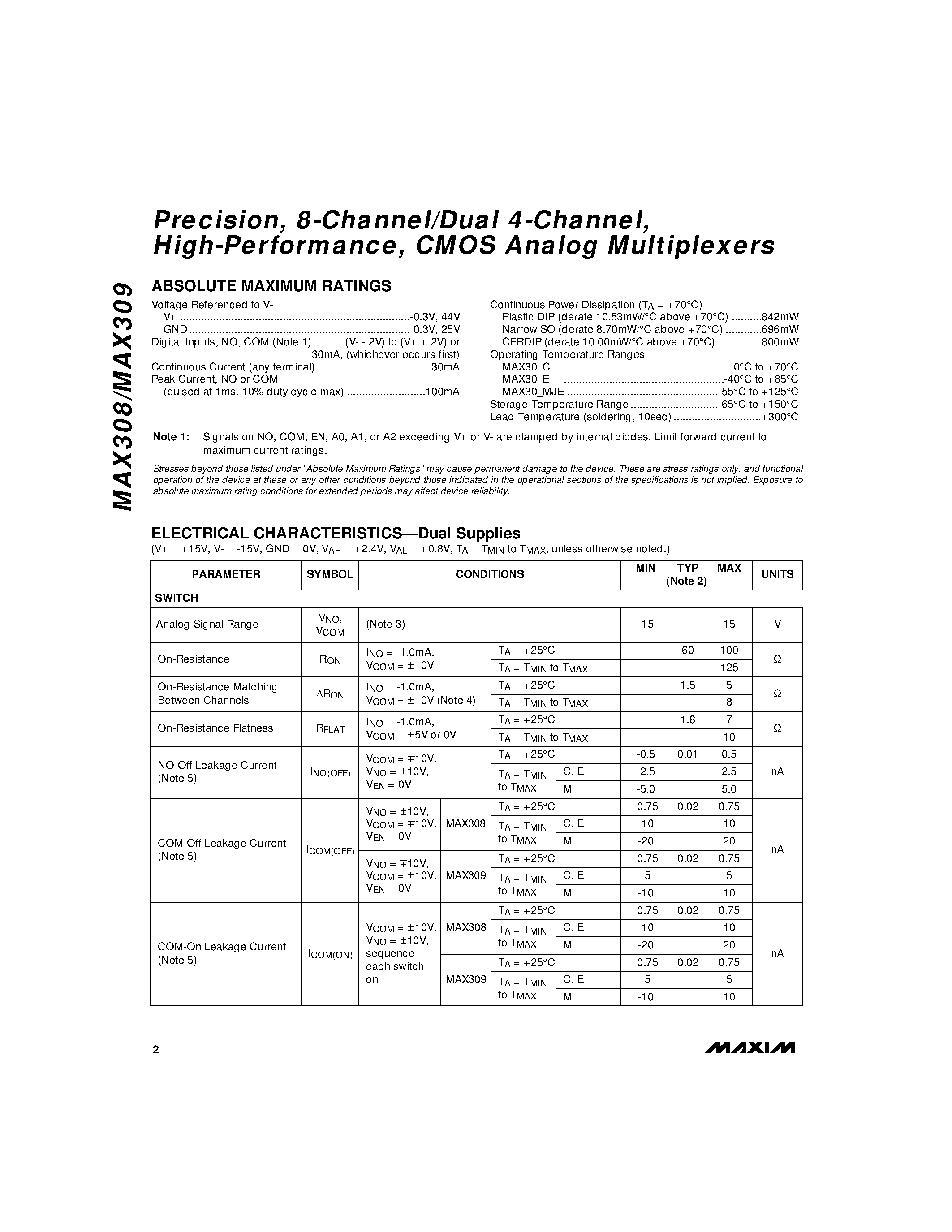 Datasheet MAX309 - Precision / 8-Channel/Dual 4-Channel / High-Performance / CMOS Analog Multiplexers page 2