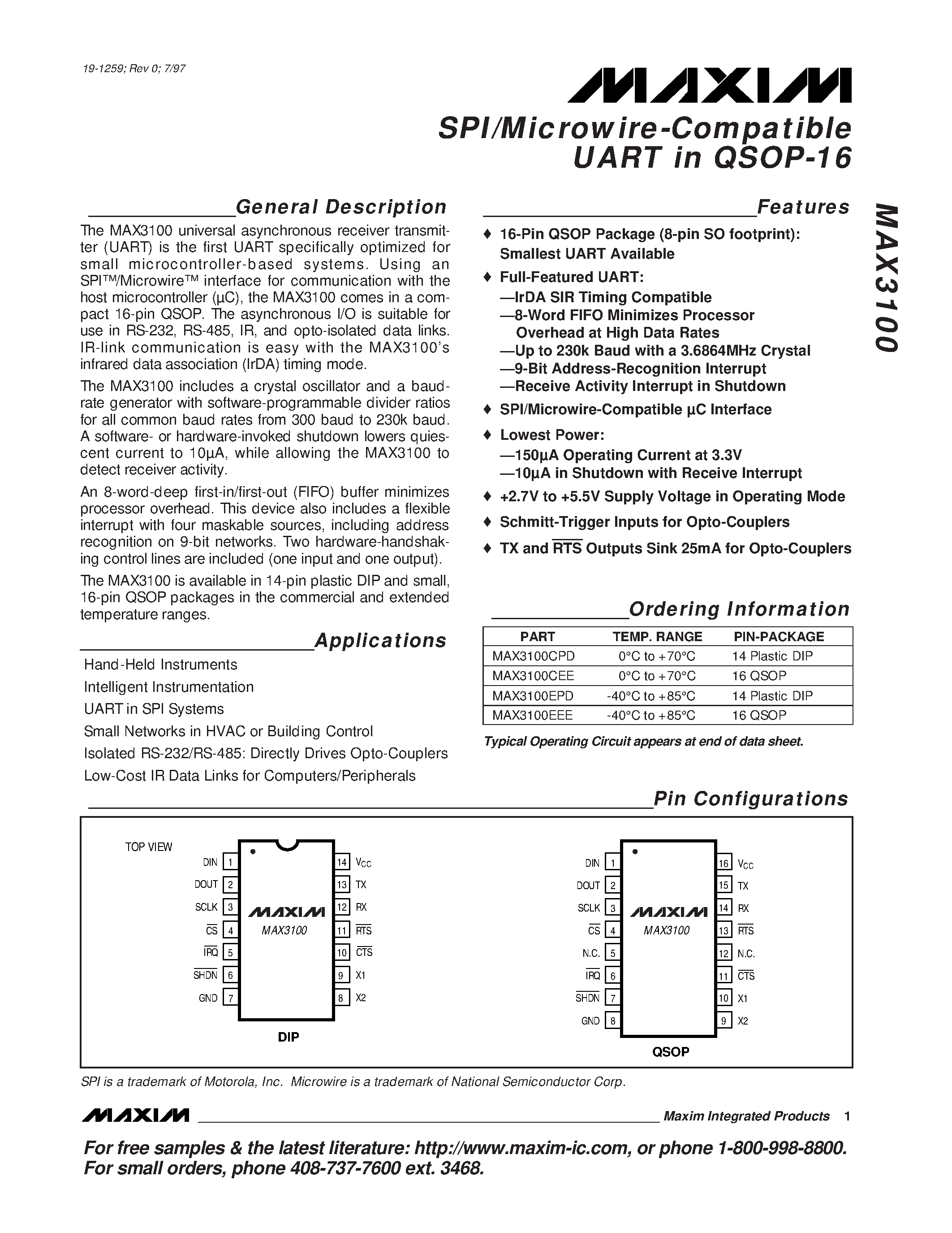 Datasheet MAX3100 - SPI/Microwire-Compatible UART in QSOP-16 page 1