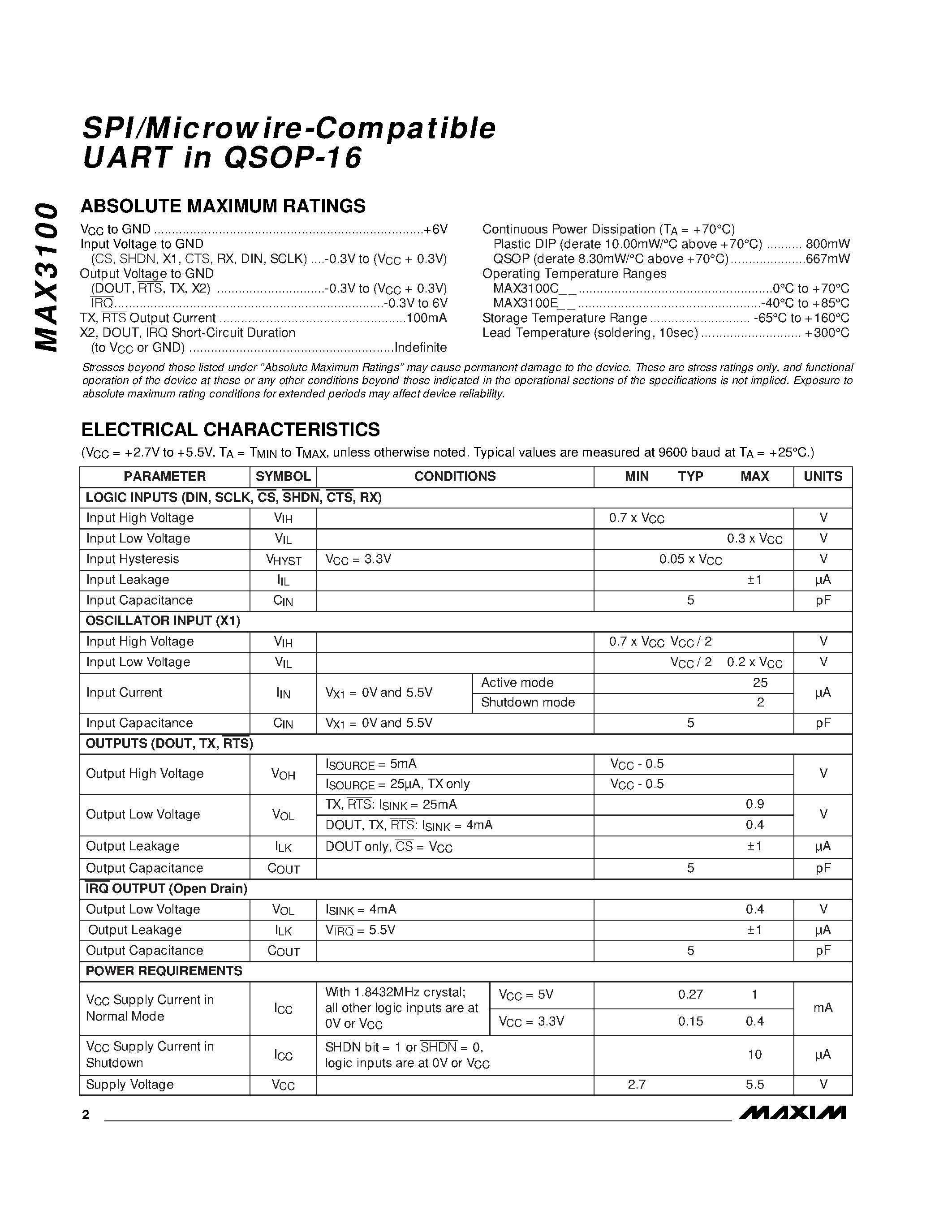 Datasheet MAX3100 - SPI/Microwire-Compatible UART in QSOP-16 page 2